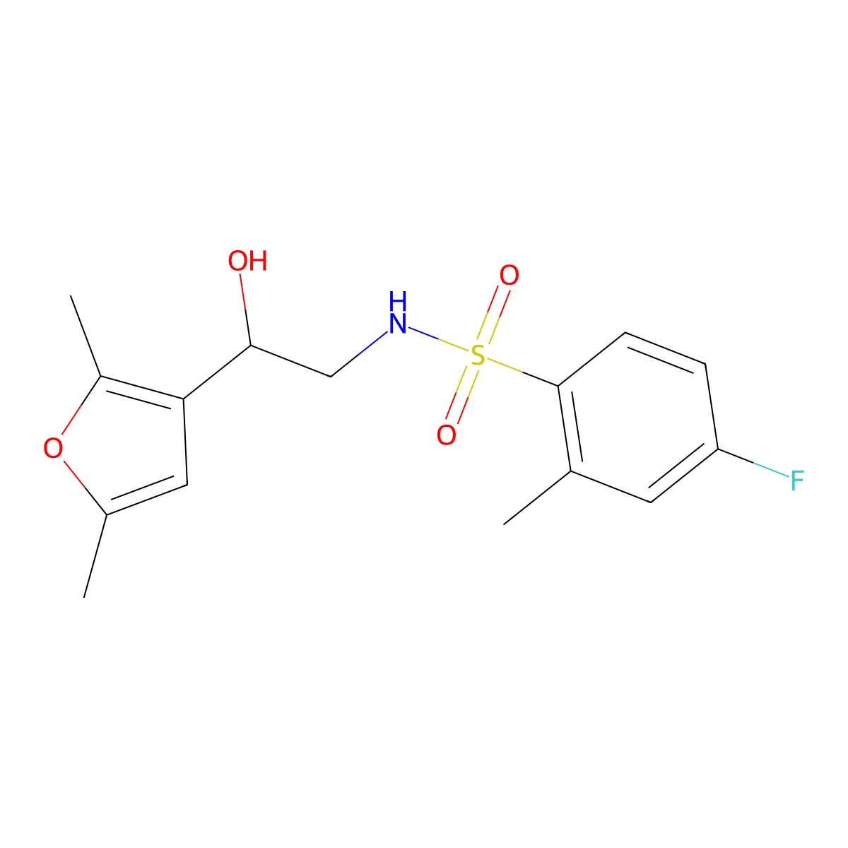 N-[2-(2,5-dimethylfuran-3-yl)-2-hydroxyethyl]-4-fluoro-2-methylbenzene-1-sulfonamide molecular structure, CAS 2310038-28-7