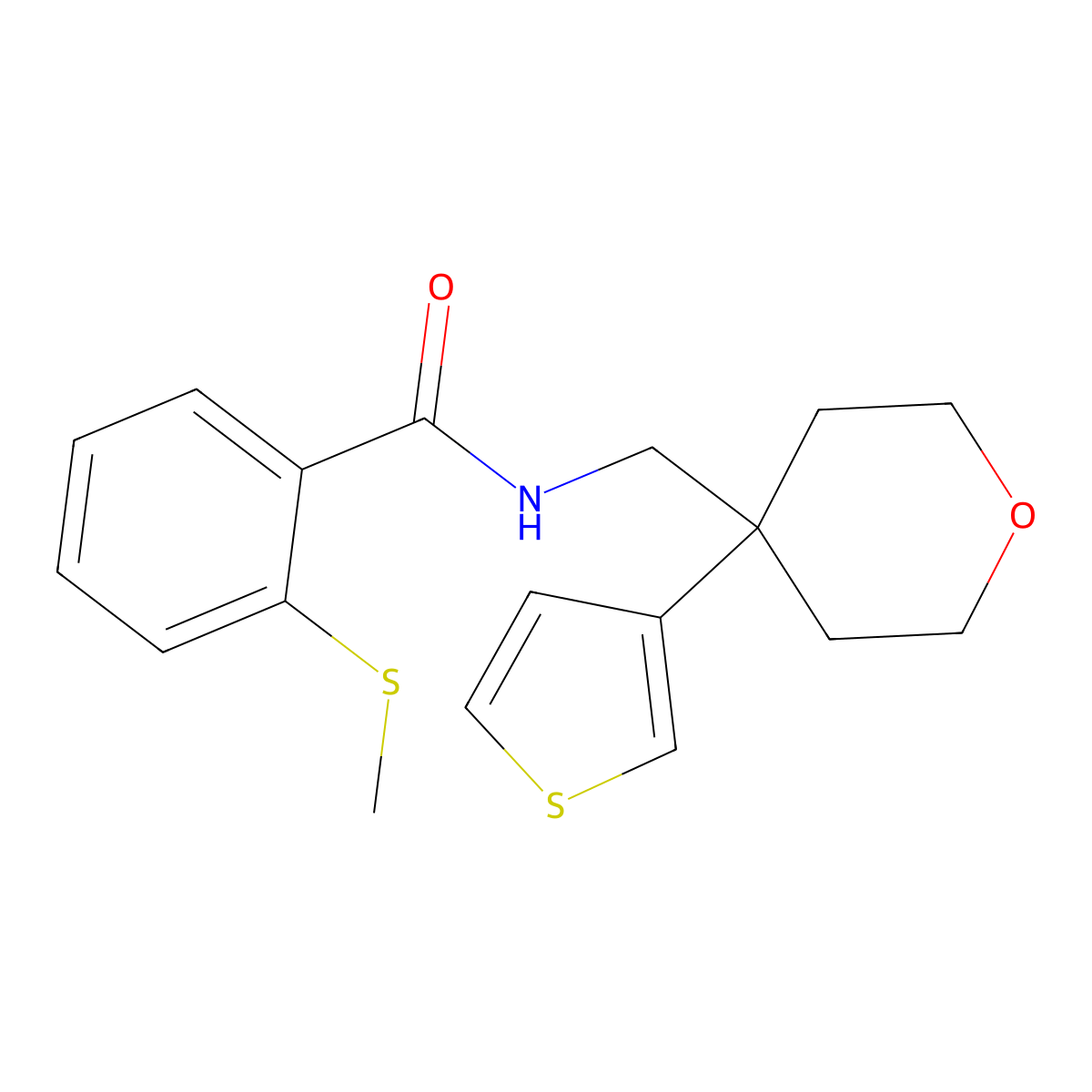 2-(methylsulfanyl)-N-{[4-(thiophen-3-yl)oxan-4-yl]methyl}benzamide molecular structure, CAS 2310040-24-3