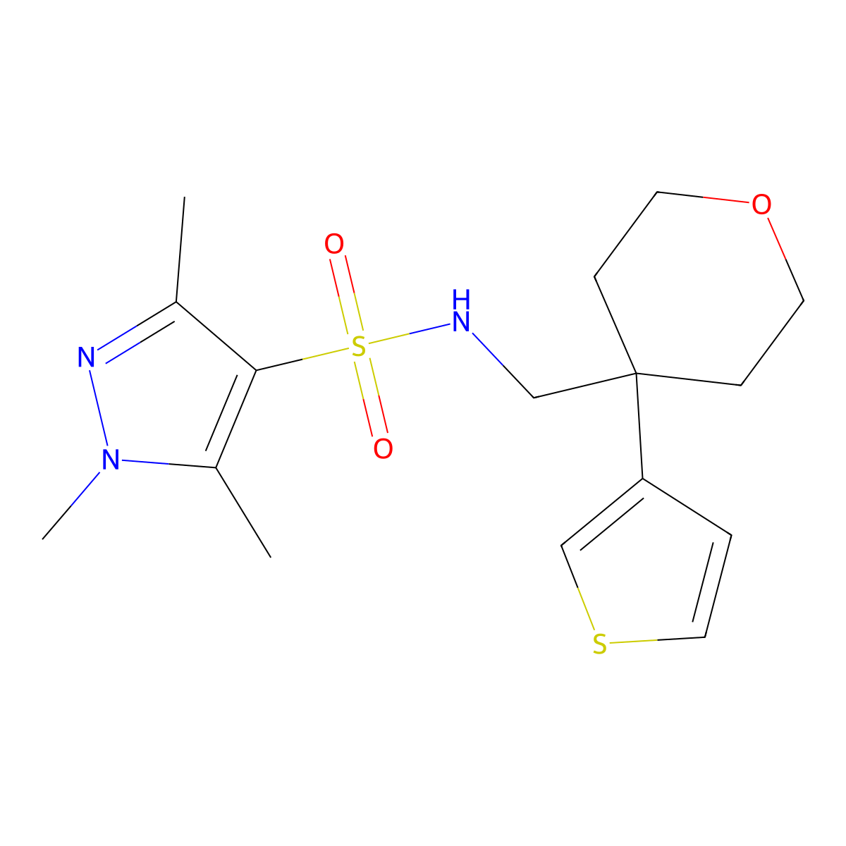 1,3,5-trimethyl-N-{[4-(thiophen-3-yl)oxan-4-yl]methyl}-1H-pyrazole-4-sulfonamide molecular structure, CAS 2310041-17-7