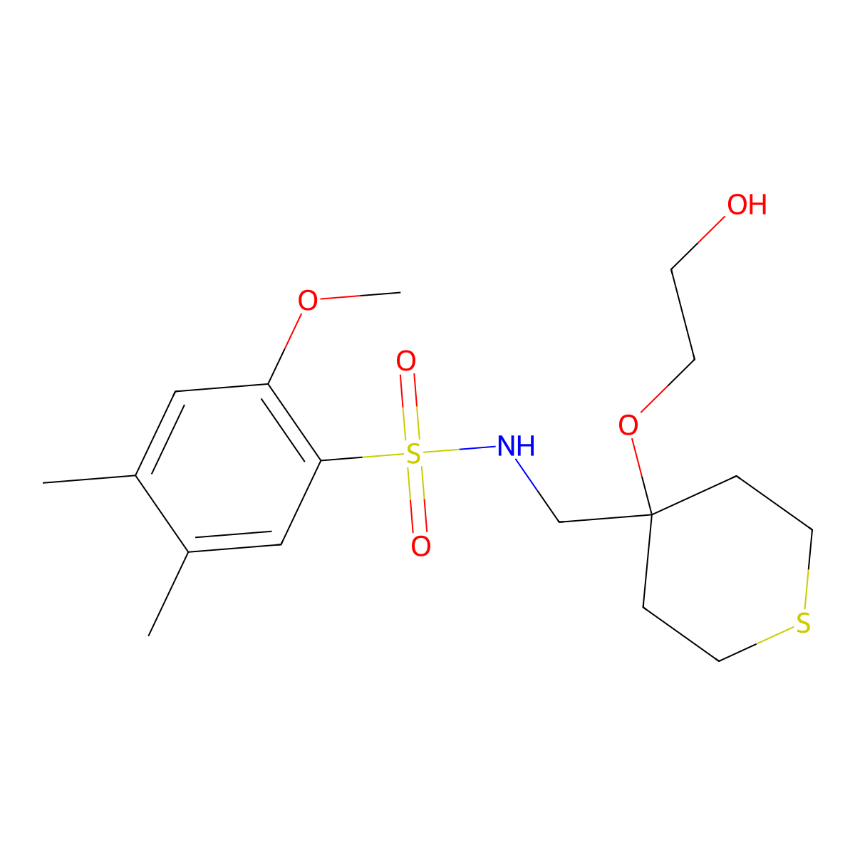 N-{[4-(2-hydroxyethoxy)thian-4-yl]methyl}-2-methoxy-4,5-dimethylbenzene-1-sulfonamide molecular structure, CAS 2310046-03-6