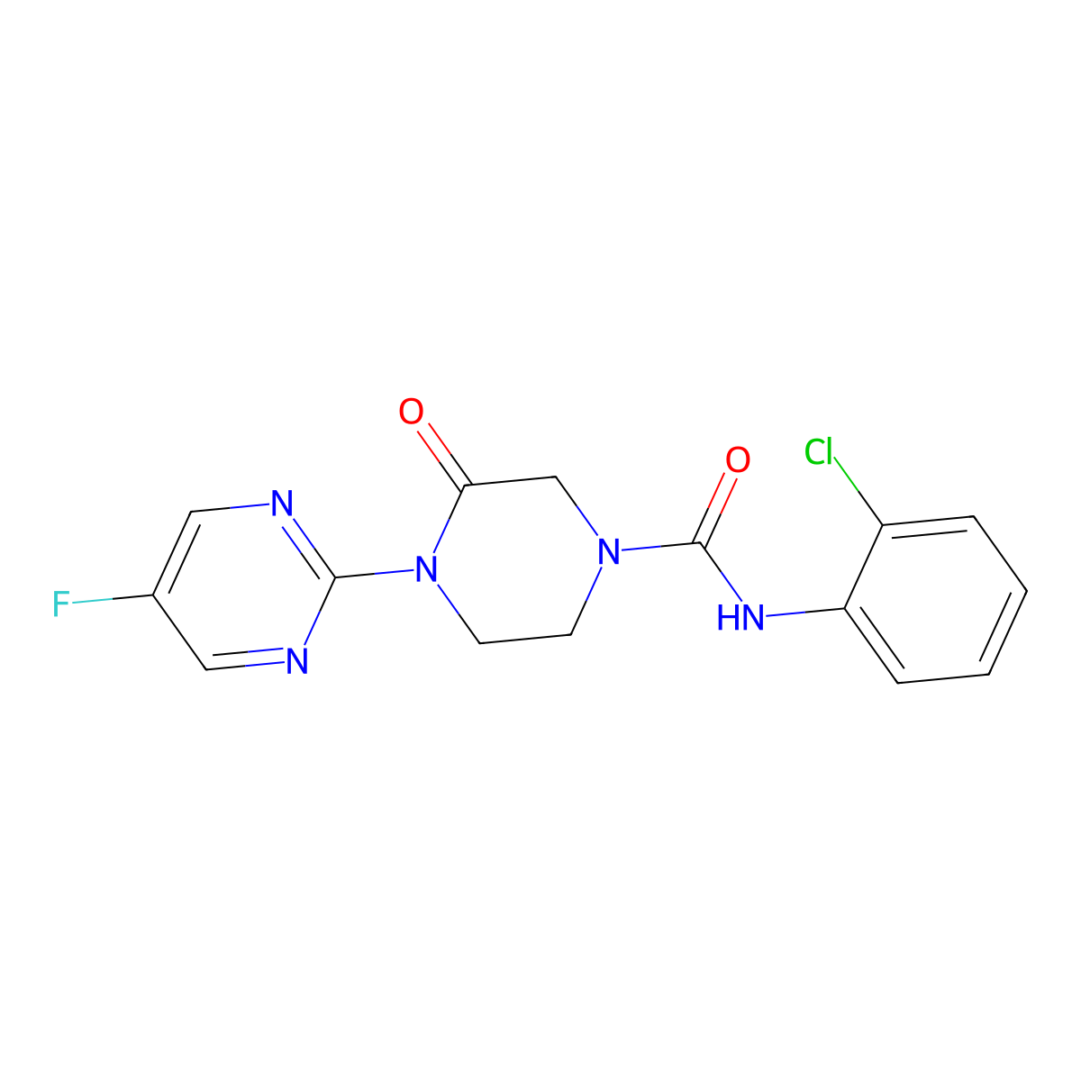 N-(2-Chlorophenyl)-4-(5-fluoropyrimidin-2-yl)-3-oxopiperazine-1-carboxamide molecular structure, CAS 2310096-65-0