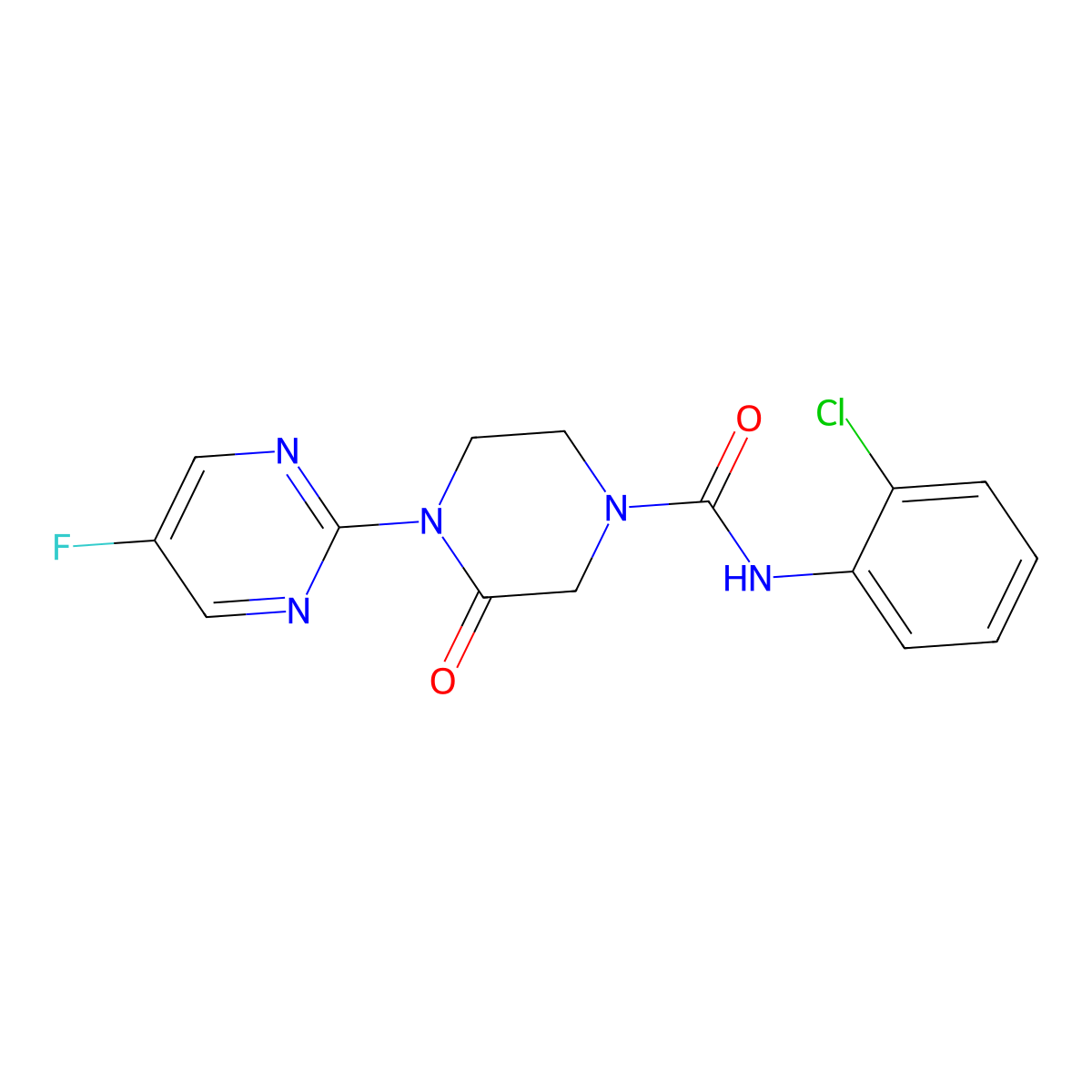 N-(2-Chlorophenyl)-4-(5-fluoropyrimidin-2-yl)-3-oxopiperazine-1-carboxamide molecular structure, CAS 2310096-65-0