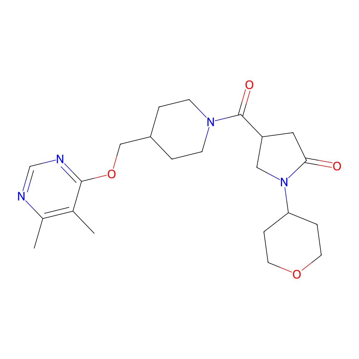 4-(4-(((5,6-dimethylpyrimidin-4-yl)oxy)methyl)piperidine-1-carbonyl)-1-(tetrahydro-2H-pyran-4-yl)pyrrolidin-2-one molecular structure, CAS 2310097-08-4