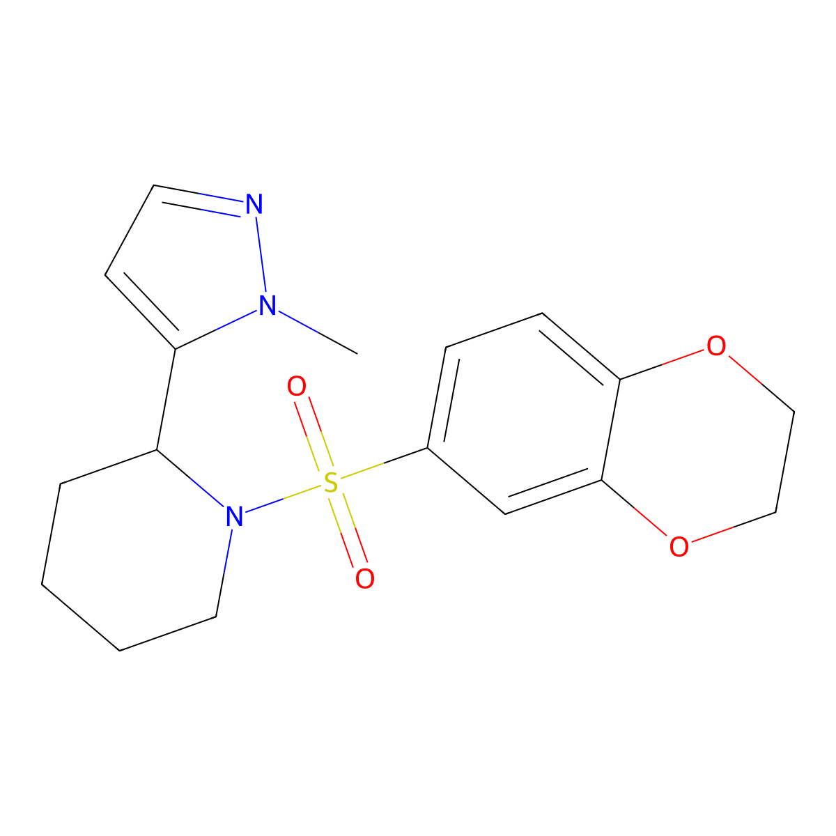 1-(2,3-dihydro-1,4-benzodioxine-6-sulfonyl)-2-(1-methyl-1H-pyrazol-5-yl)piperidine molecular structure, CAS 2310097-68-6
