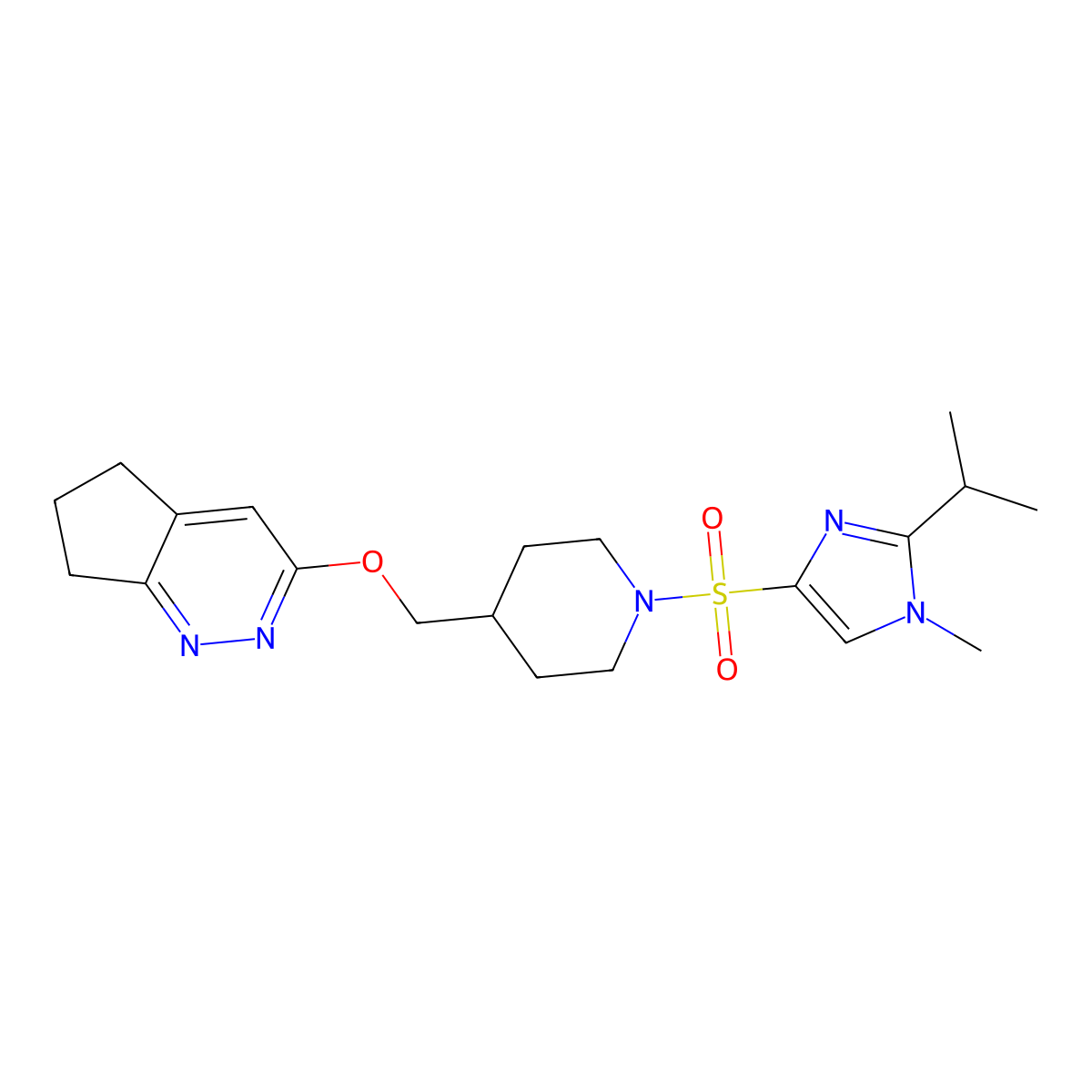 4-({5H,6H,7H-cyclopenta[c]pyridazin-3-yloxy}methyl)-1-{[1-methyl-2-(propan-2-yl)-1H-imidazol-4-yl]sulfonyl}piperidine molecular structure, CAS 2310097-89-1