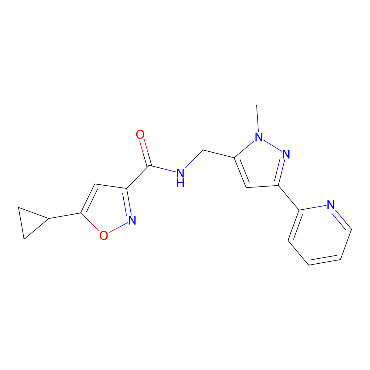 5-cyclopropyl-N-{[1-methyl-3-(pyridin-2-yl)-1H-pyrazol-5-yl]methyl}-1,2-oxazole-3-carboxamide molecular structure, CAS 2310098-72-5