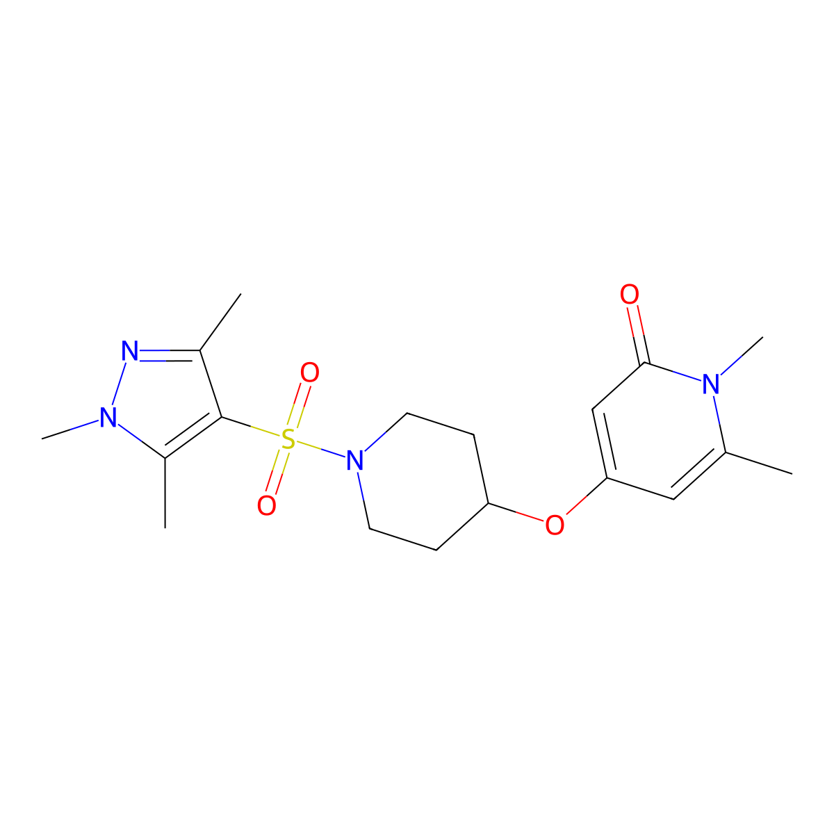 1,6-dimethyl-4-((1-((1,3,5-trimethyl-1H-pyrazol-4-yl)sulfonyl)piperidin-4-yl)oxy)pyridin-2(1H)-one molecular structure, CAS 2310099-23-9