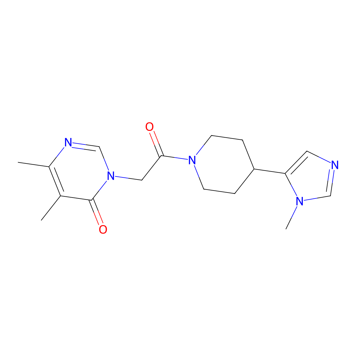 5,6-dimethyl-3-{2-[4-(1-methyl-1H-imidazol-5-yl)piperidin-1-yl]-2-oxoethyl}-3,4-dihydropyrimidin-4-one molecular structure, CAS 2310099-66-0