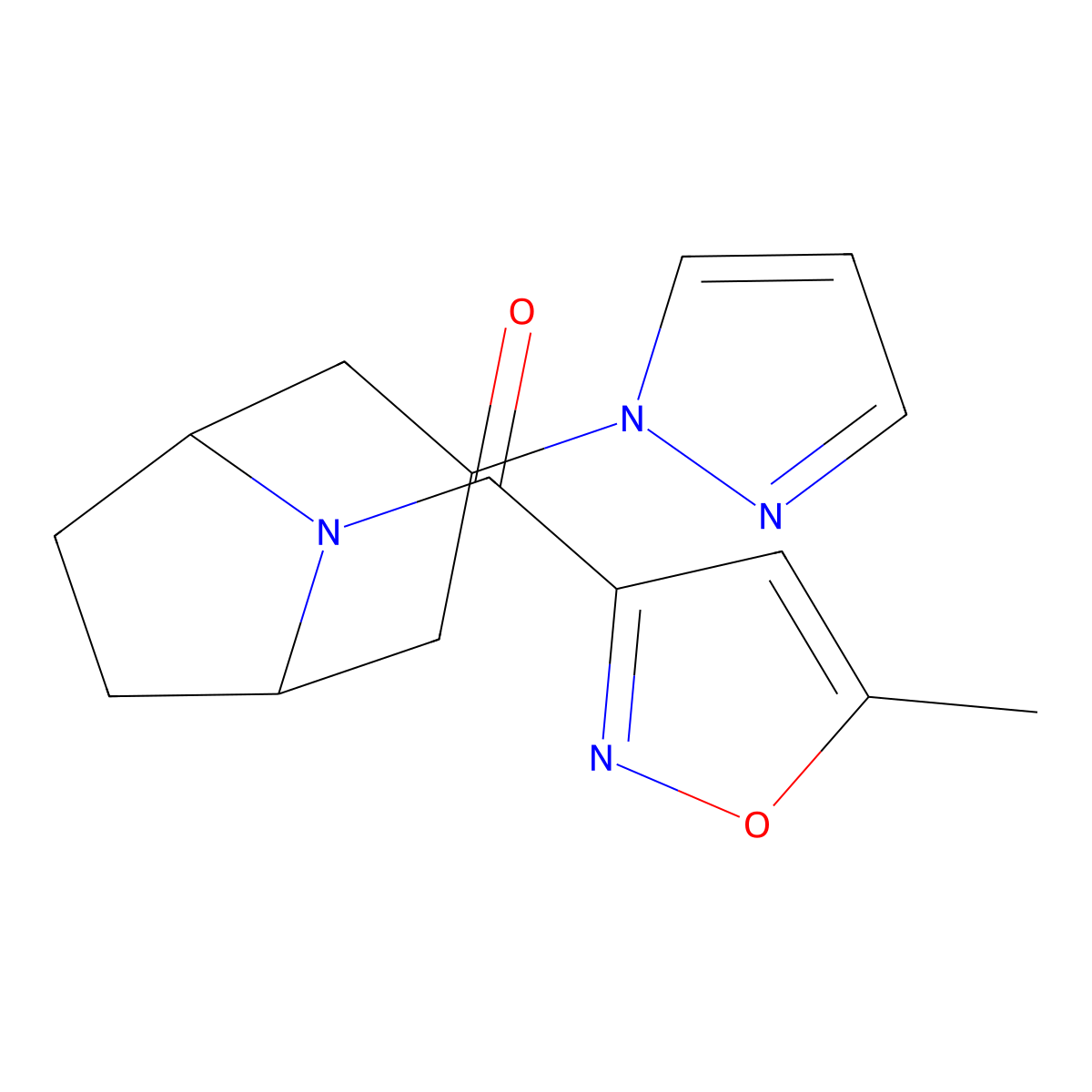 8-(5-methyl-1,2-oxazole-3-carbonyl)-3-(1H-pyrazol-1-yl)-8-azabicyclo[3.2.1]octane molecular structure, CAS 2310099-98-8