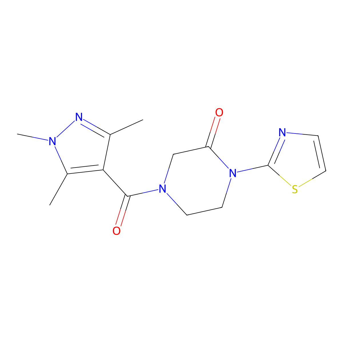 1-(1,3-thiazol-2-yl)-4-(1,3,5-trimethyl-1H-pyrazole-4-carbonyl)piperazin-2-one molecular structure, CAS 2310100-53-7