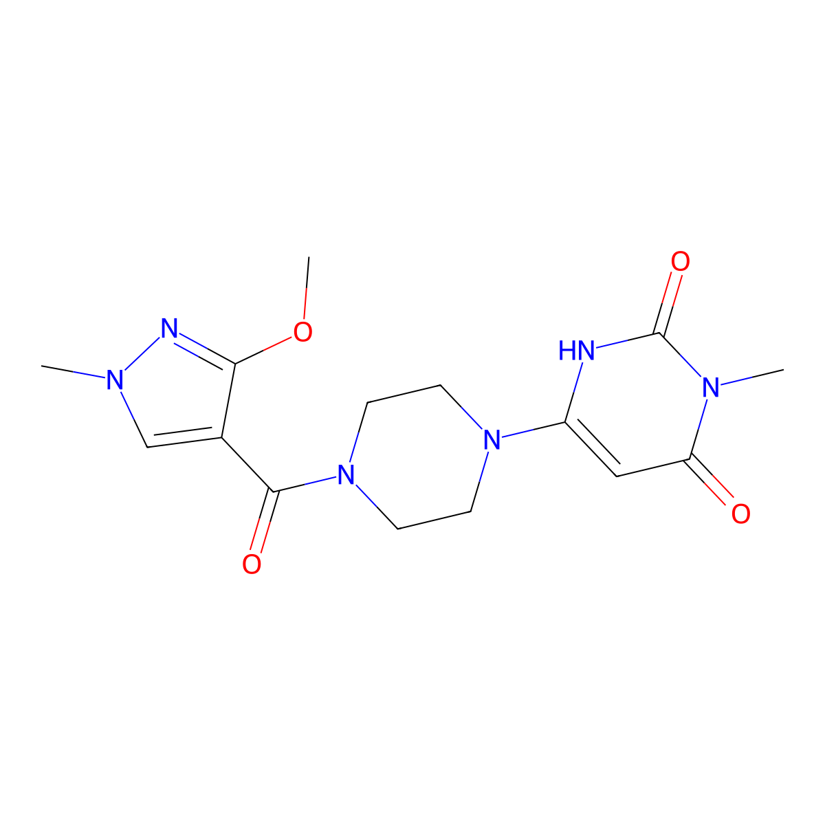 6-(4-(3-methoxy-1-methyl-1H-pyrazole-4-carbonyl)piperazin-1-yl)-3-methylpyrimidine-2,4(1H,3H)-dione molecular structure, CAS 2310100-73-1