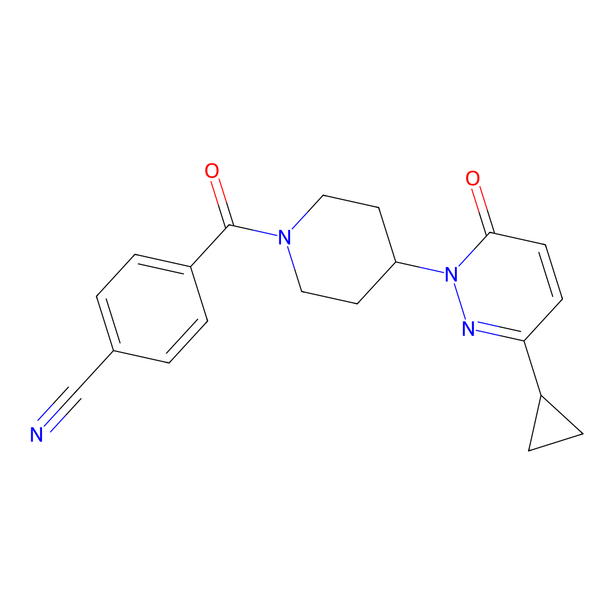 4-[4-(3-Cyclopropyl-6-oxo-1,6-dihydropyridazin-1-yl)piperidine-1-carbonyl]benzonitrile molecular structure, CAS 2310101-64-3