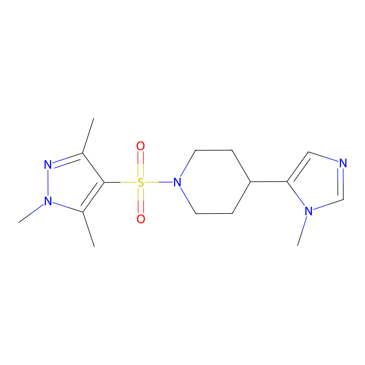 4-(1-methyl-1H-imidazol-5-yl)-1-[(1,3,5-trimethyl-1H-pyrazol-4-yl)sulfonyl]piperidine molecular structure, CAS 2310102-14-6