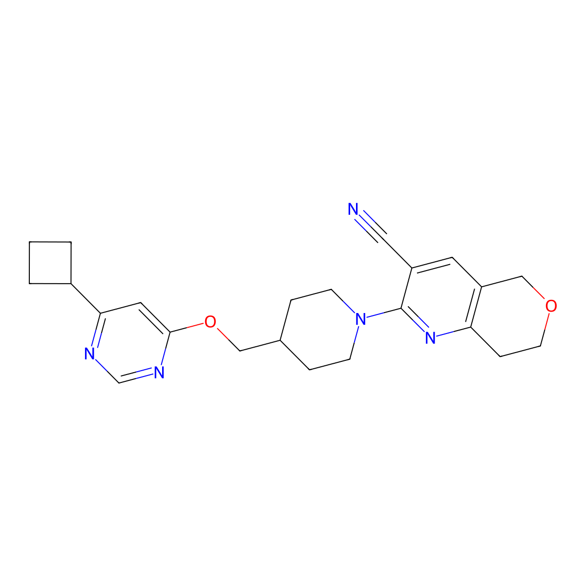 2-(4-{[(6-cyclobutylpyrimidin-4-yl)oxy]methyl}piperidin-1-yl)-5H,7H,8H-pyrano[4,3-b]pyridine-3-carbonitrile molecular structure, CAS 2310104-06-2