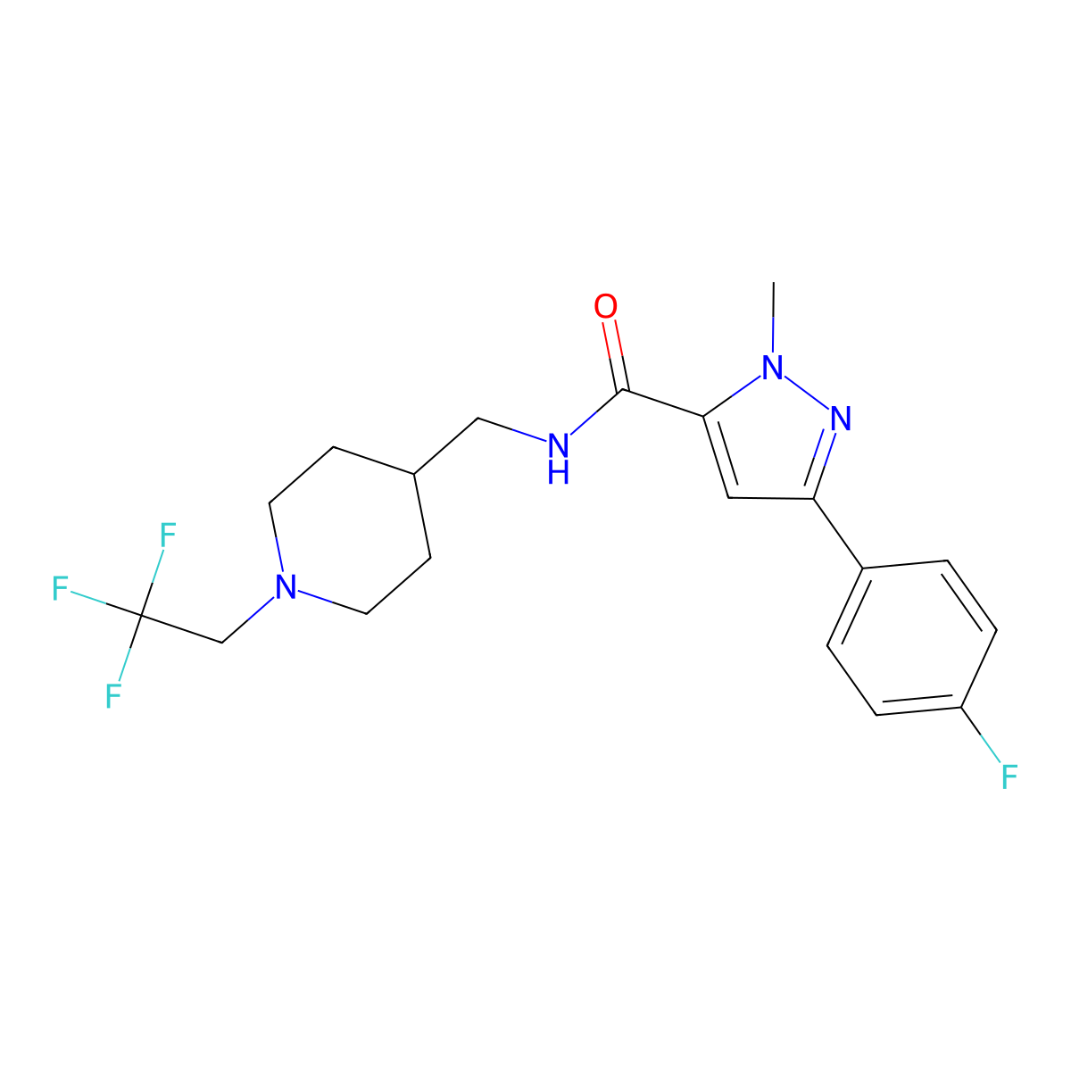 3-(4-fluorophenyl)-1-methyl-N-{[1-(2,2,2-trifluoroethyl)piperidin-4-yl]methyl}-1H-pyrazole-5-carboxamide molecular structure, CAS 2310104-18-6