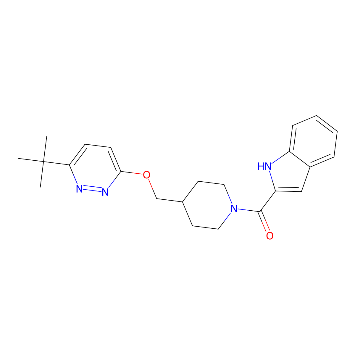 2-(4-{[(6-tert-butylpyridazin-3-yl)oxy]methyl}piperidine-1-carbonyl)-1H-indole molecular structure, CAS 2310121-07-2