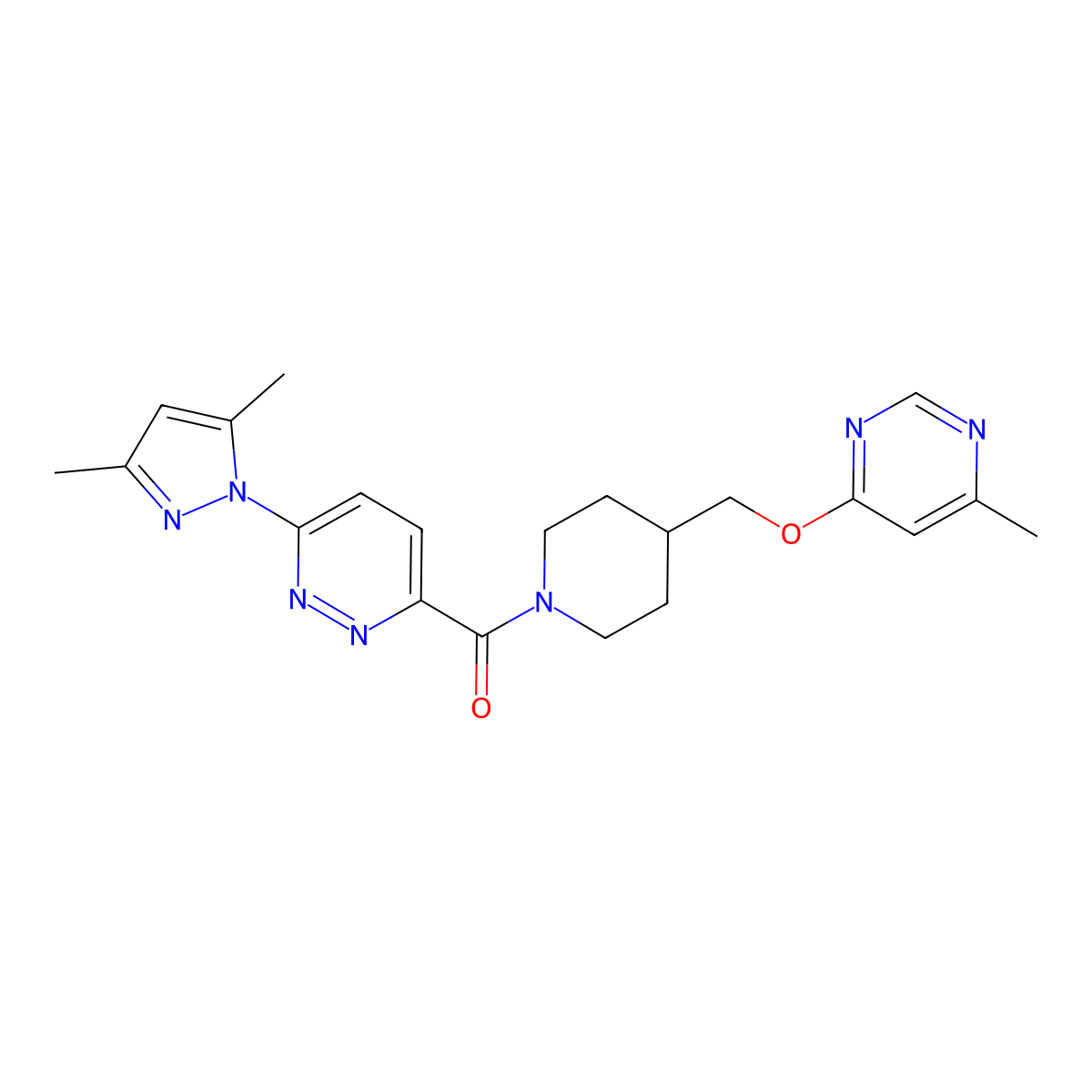 3-(3,5-dimethyl-1H-pyrazol-1-yl)-6-(4-{[(6-methylpyrimidin-4-yl)oxy]methyl}piperidine-1-carbonyl)pyridazine molecular structure, CAS 2310121-27-6