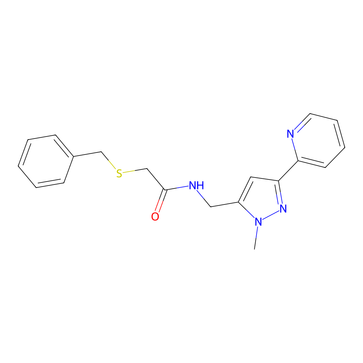 2-(benzylsulfanyl)-N-{[1-methyl-3-(pyridin-2-yl)-1H-pyrazol-5-yl]methyl}acetamide molecular structure, CAS 2310121-30-1