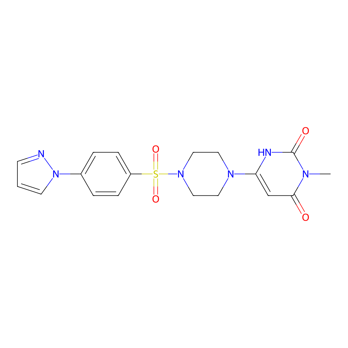 3-methyl-6-{4-[4-(1H-pyrazol-1-yl)benzenesulfonyl]piperazin-1-yl}-1,2,3,4-tetrahydropyrimidine-2,4-dione molecular structure, CAS 2310121-56-1