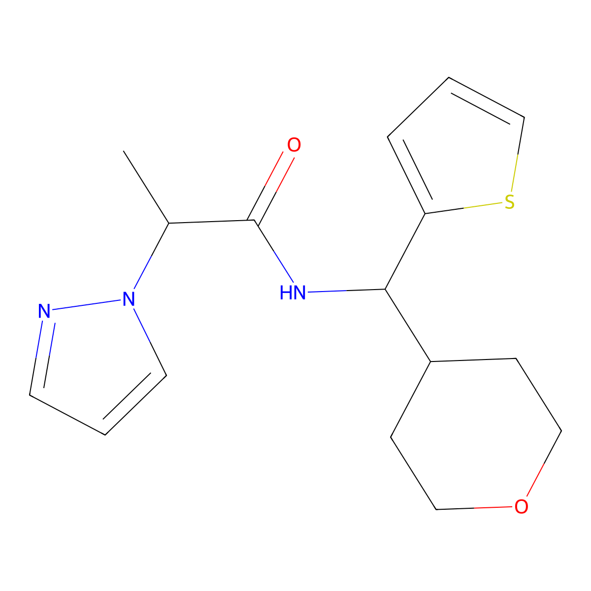 N-[(oxan-4-yl)(thiophen-2-yl)methyl]-2-(1H-pyrazol-1-yl)propanamide molecular structure, CAS 2310122-07-5