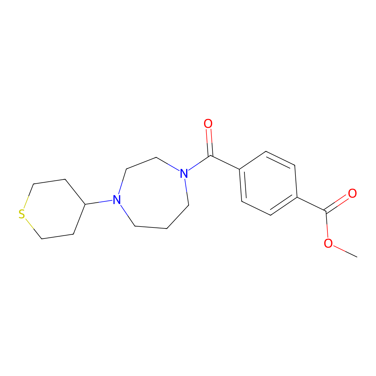 Methyl 4-[4-(thian-4-yl)-1,4-diazepane-1-carbonyl]benzoate molecular structure, CAS 2310122-40-6