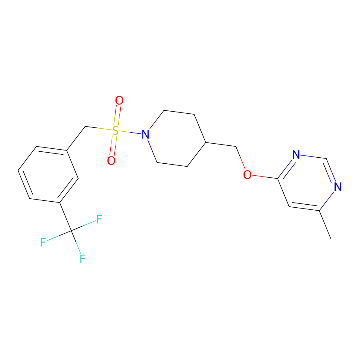 4-Methyl-6-[(1-{[3-(trifluoromethyl)phenyl]methanesulfonyl}piperidin-4-yl)methoxy]pyrimidine molecular structure, CAS 2310122-81-5