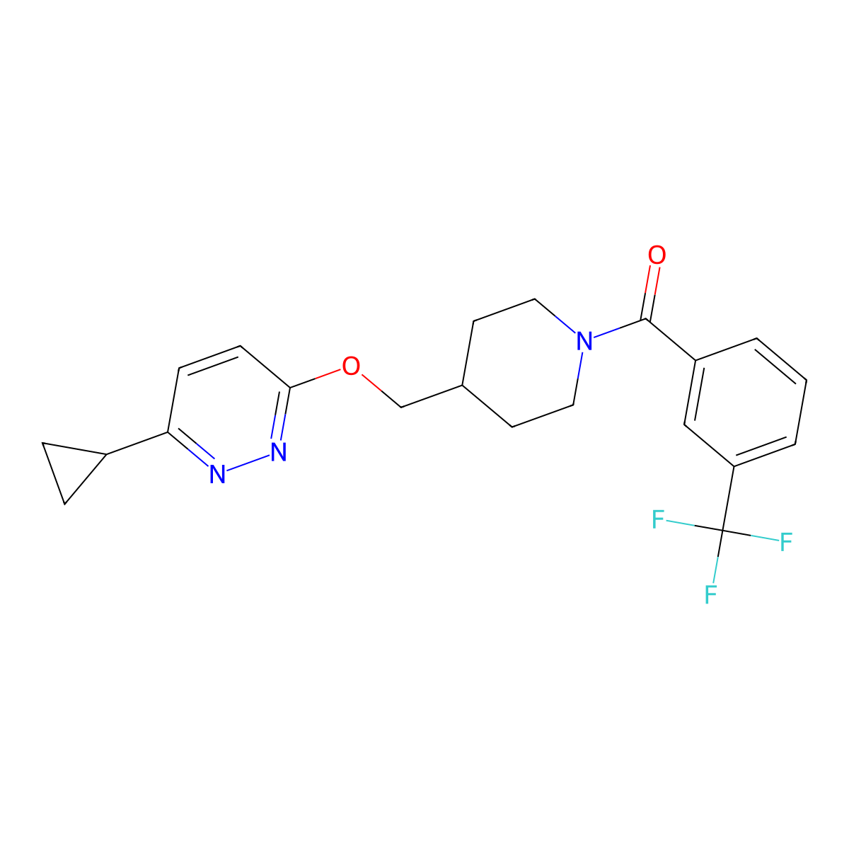3-Cyclopropyl-6-({1-[3-(trifluoromethyl)benzoyl]piperidin-4-yl}methoxy)pyridazine molecular structure, CAS 2310122-93-9