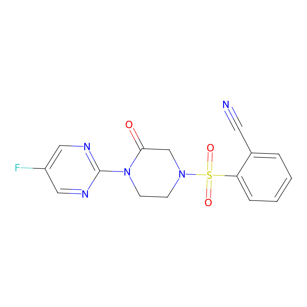 2-{[4-(5-Fluoropyrimidin-2-yl)-3-oxopiperazin-1-yl]sulfonyl}benzonitrile molecular structure, CAS 2310123-42-1