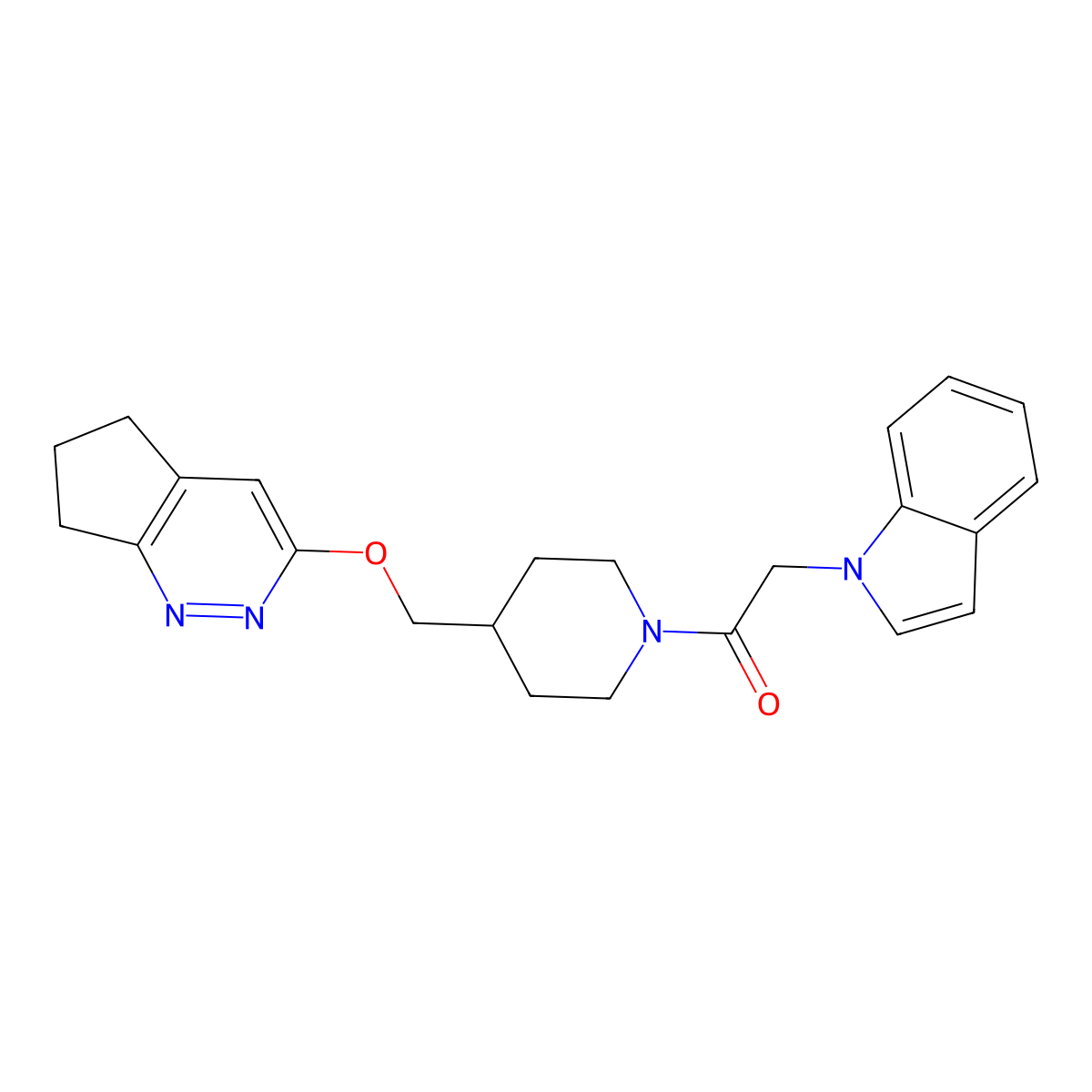 1-[4-({5H,6H,7H-cyclopenta[c]pyridazin-3-yloxy}methyl)piperidin-1-yl]-2-(1H-indol-1-yl)ethan-1-one molecular structure, CAS 2310123-52-3