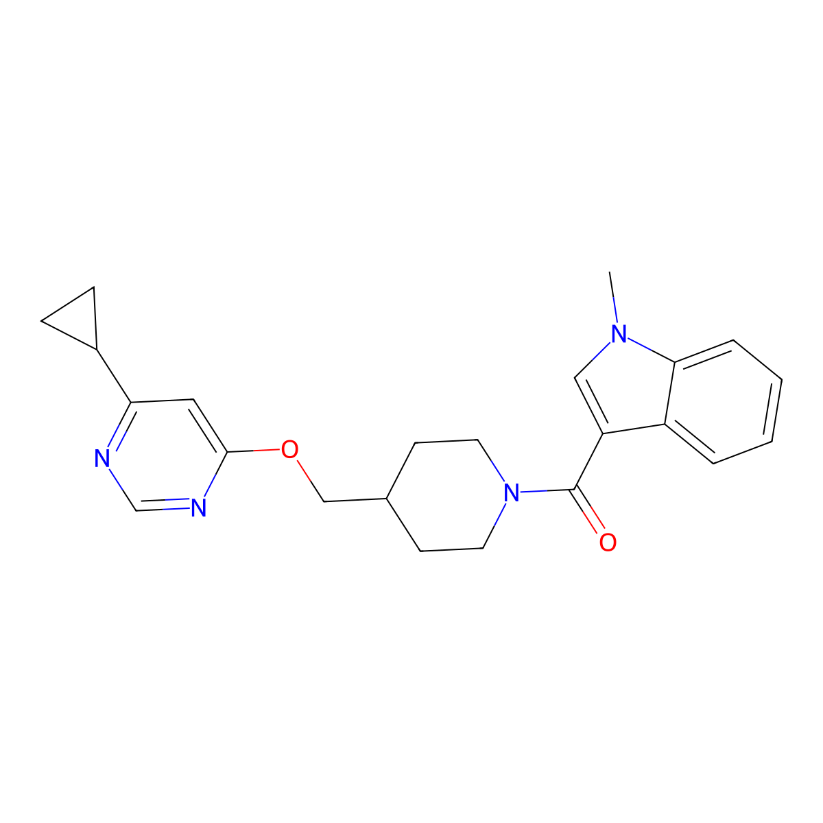 3-(4-{[(6-cyclopropylpyrimidin-4-yl)oxy]methyl}piperidine-1-carbonyl)-1-methyl-1H-indole molecular structure, CAS 2310123-58-9