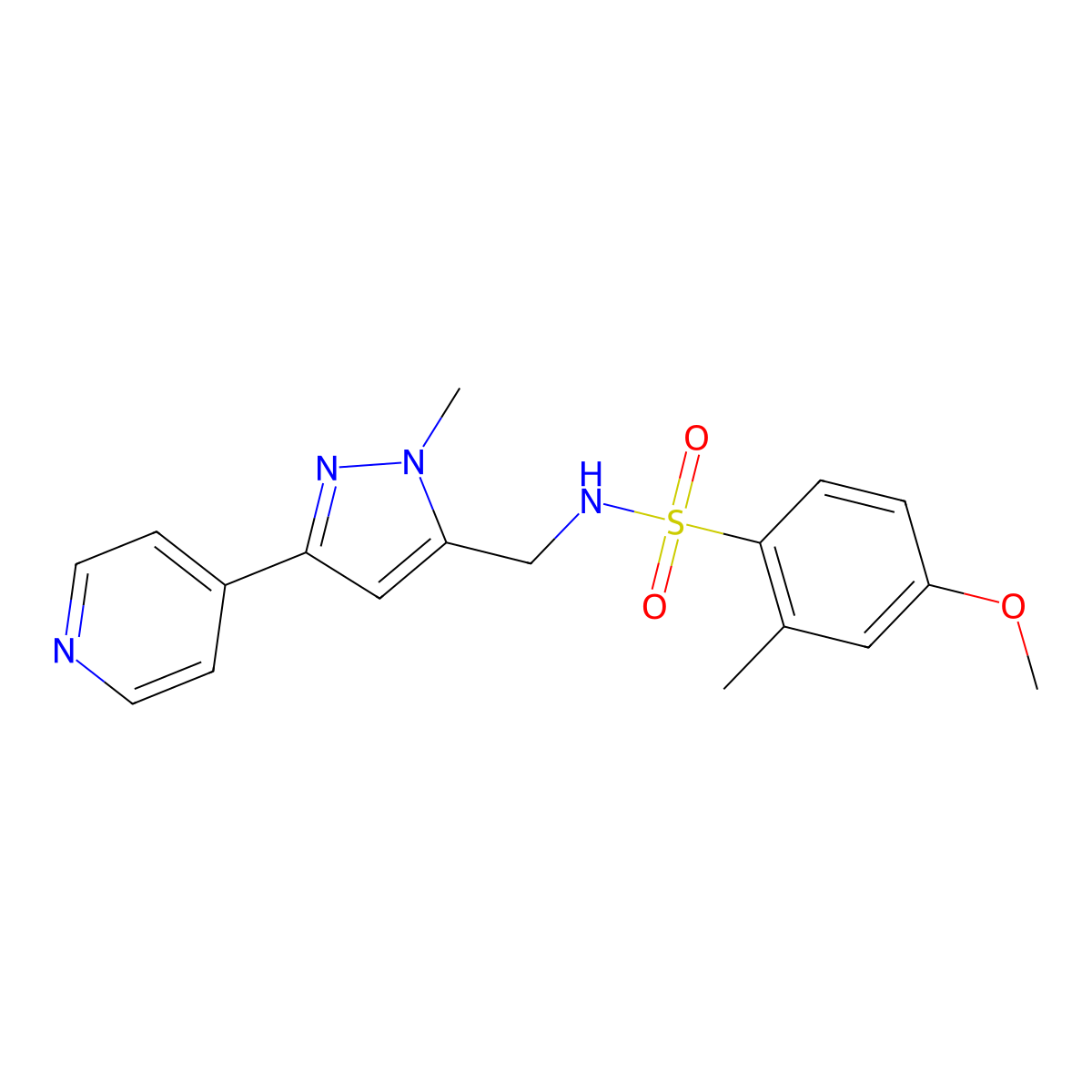 4-methoxy-2-methyl-N-{[1-methyl-3-(pyridin-4-yl)-1H-pyrazol-5-yl]methyl}benzene-1-sulfonamide molecular structure, CAS 2310124-12-8