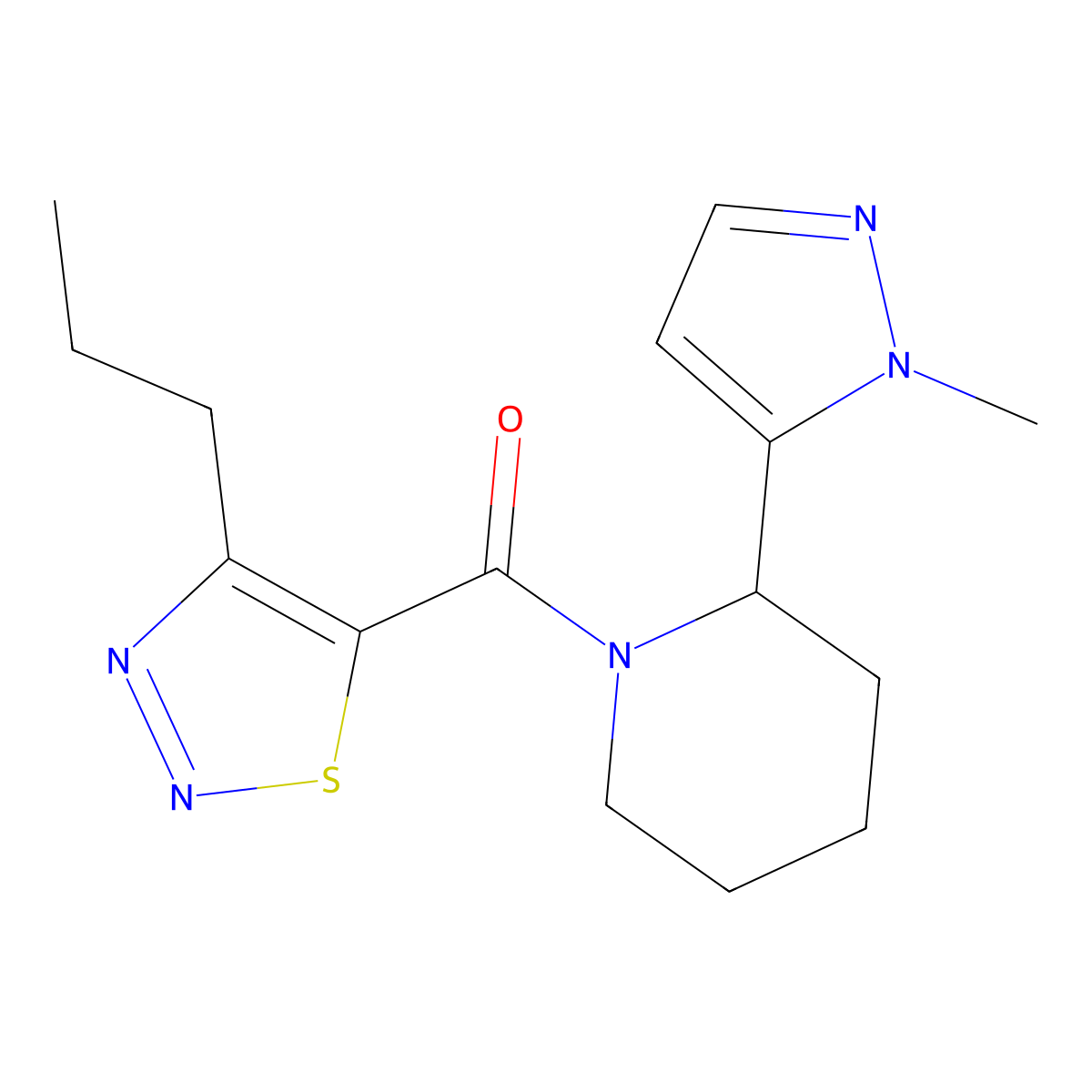 2-(1-methyl-1H-pyrazol-5-yl)-1-(4-propyl-1,2,3-thiadiazole-5-carbonyl)piperidine molecular structure, CAS 2310124-18-4