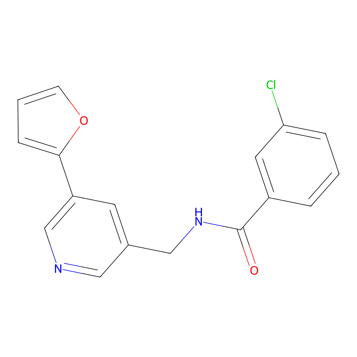 3-chloro-N-{[5-(furan-2-yl)pyridin-3-yl]methyl}benzamide molecular structure, CAS 2310124-41-3