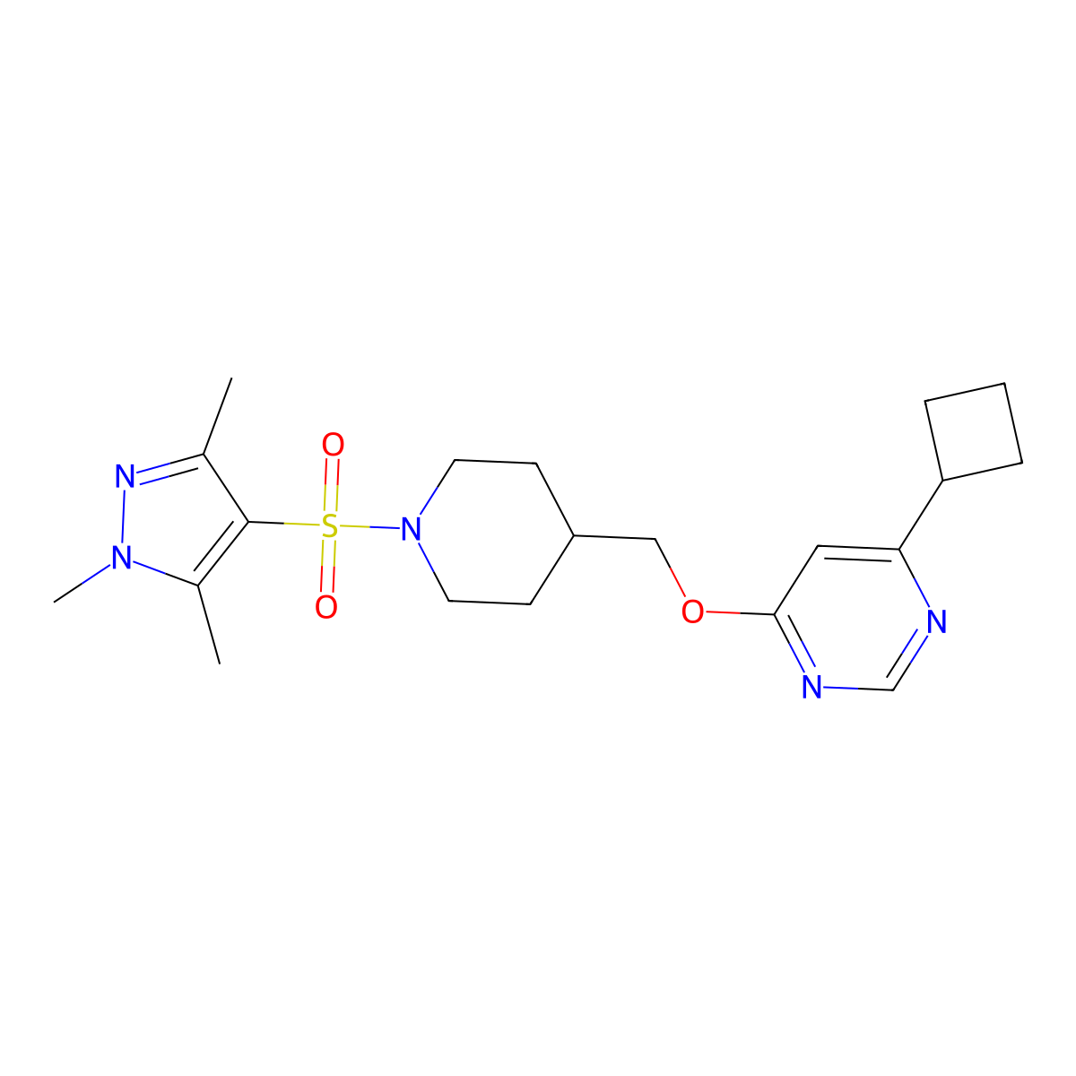 4-cyclobutyl-6-((1-((1,3,5-trimethyl-1H-pyrazol-4-yl)sulfonyl)piperidin-4-yl)methoxy)pyrimidine molecular structure, CAS 2310124-43-5