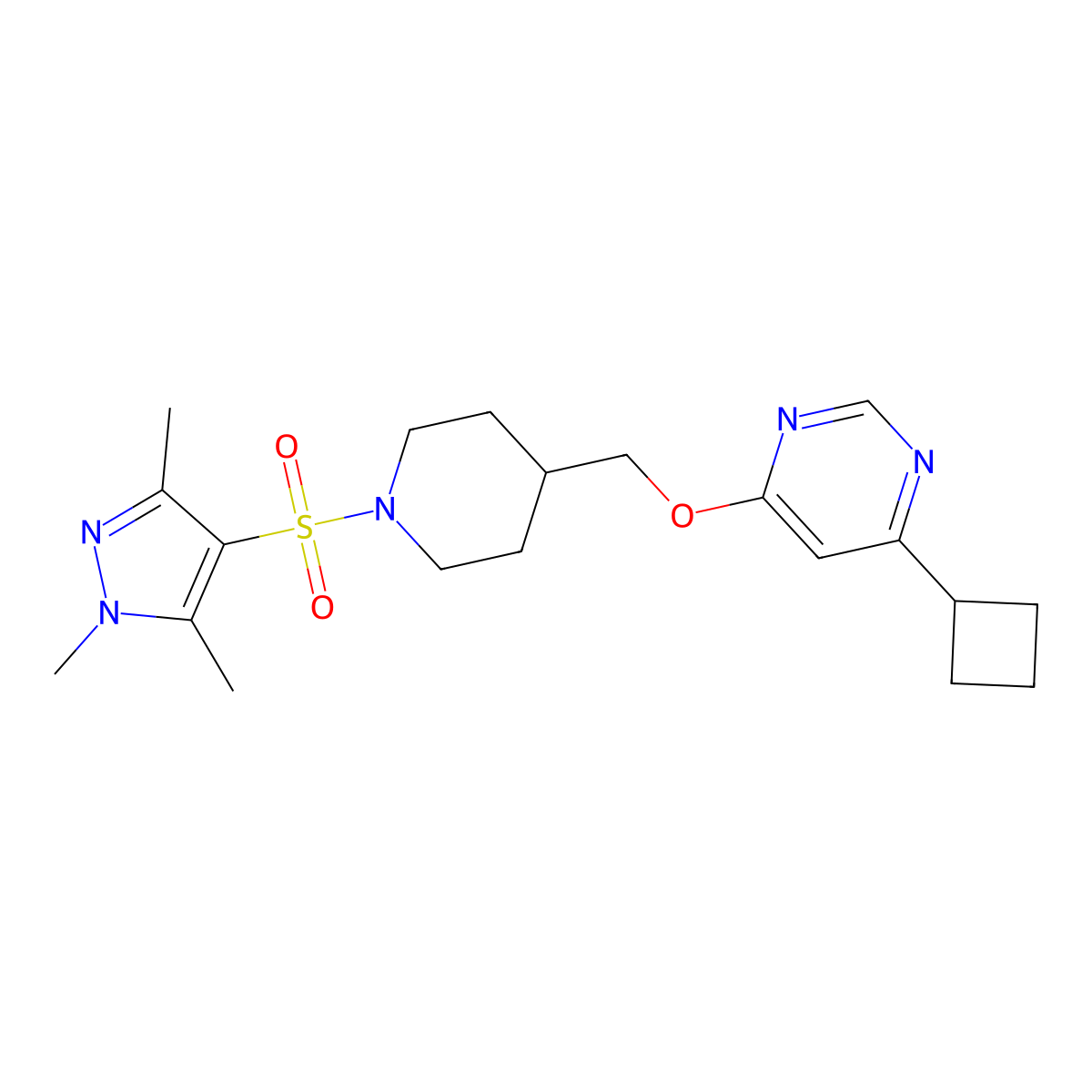 4-cyclobutyl-6-((1-((1,3,5-trimethyl-1H-pyrazol-4-yl)sulfonyl)piperidin-4-yl)methoxy)pyrimidine molecular structure, CAS 2310124-43-5