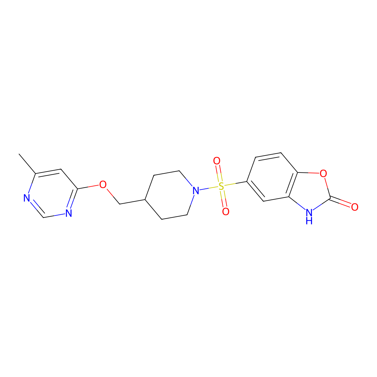 5-[(4-{[(6-Methylpyrimidin-4-yl)oxy]methyl}piperidin-1-yl)sulfonyl]-2,3-dihydro-1,3-benzoxazol-2-one molecular structure, CAS 2310124-47-9