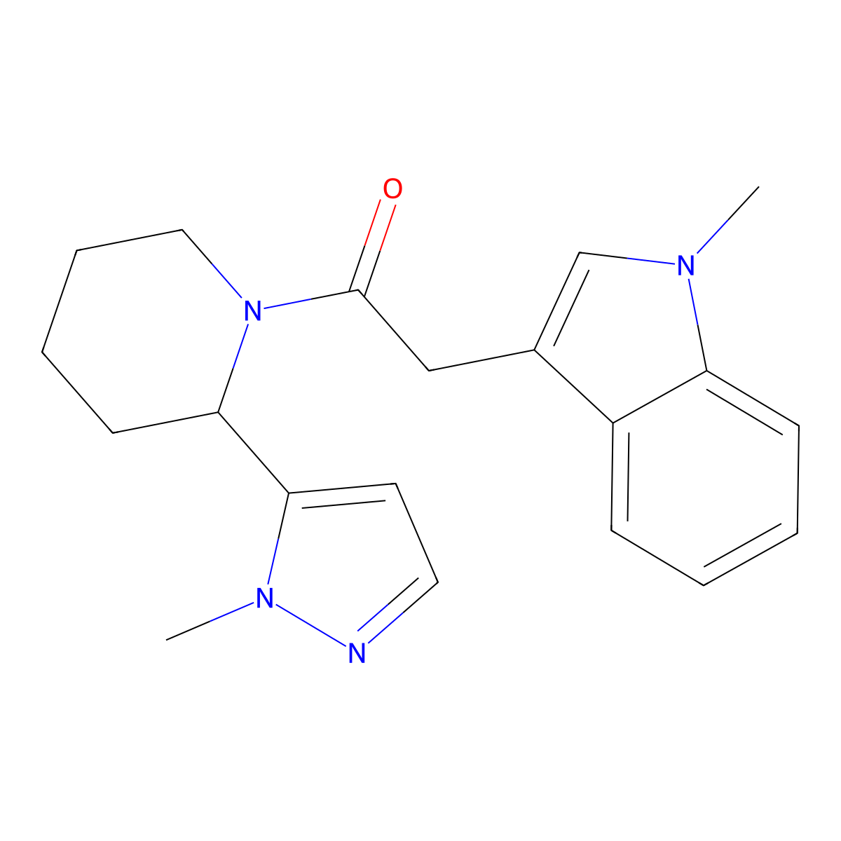 2-(1-methyl-1H-indol-3-yl)-1-[2-(1-methyl-1H-pyrazol-5-yl)piperidin-1-yl]ethan-1-one molecular structure, CAS 2310125-13-2
