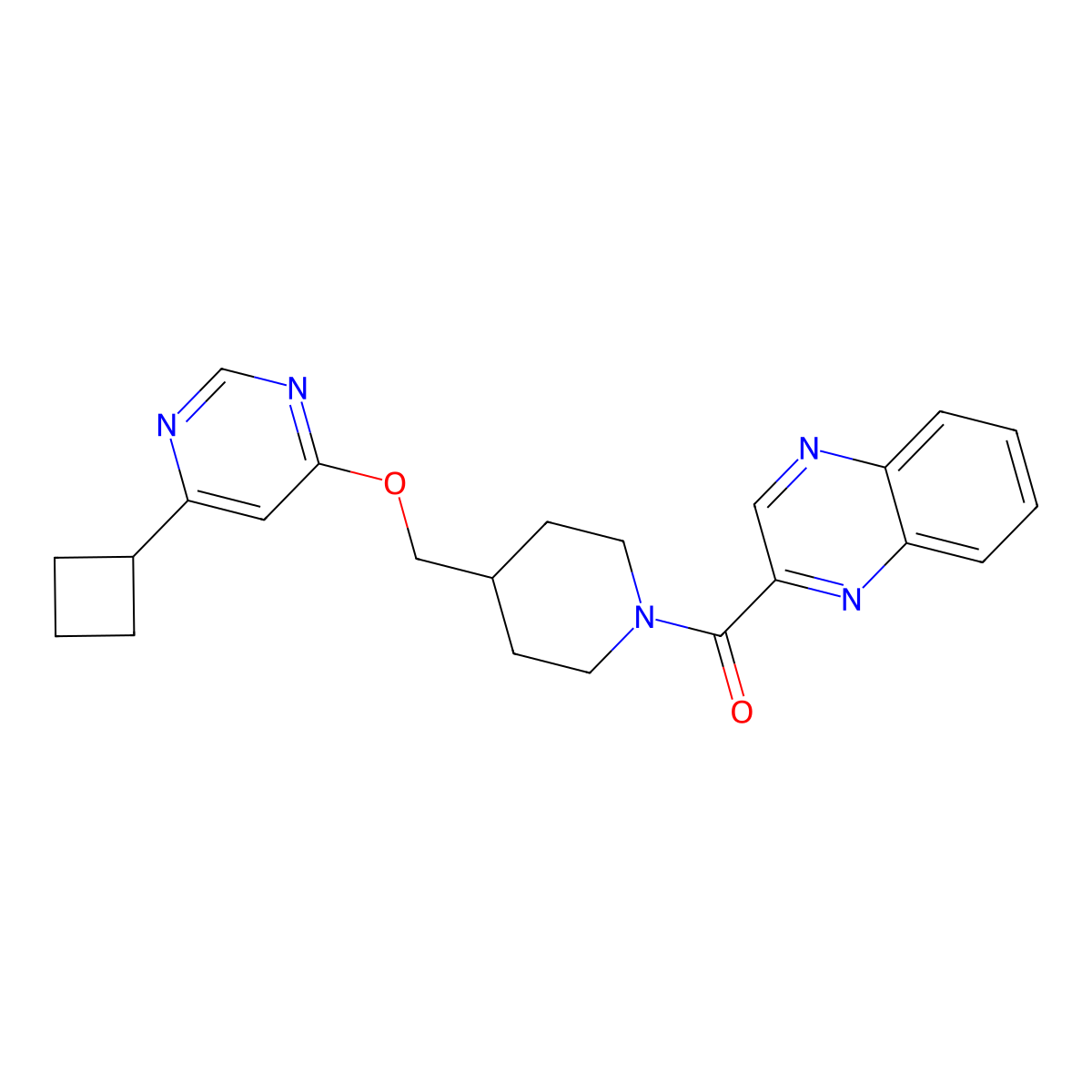2-(4-{[(6-Cyclobutylpyrimidin-4-yl)oxy]methyl}piperidine-1-carbonyl)quinoxaline molecular structure, CAS 2310125-47-2