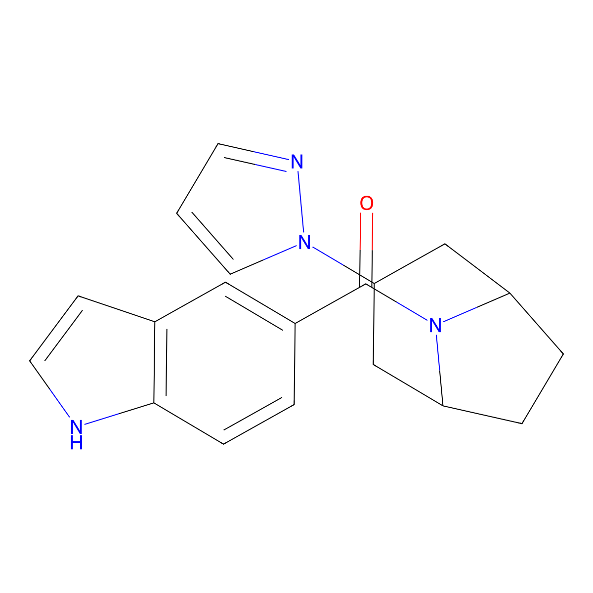 5-[3-(1H-pyrazol-1-yl)-8-azabicyclo[3.2.1]octane-8-carbonyl]-1H-indole molecular structure, CAS 2310125-68-7