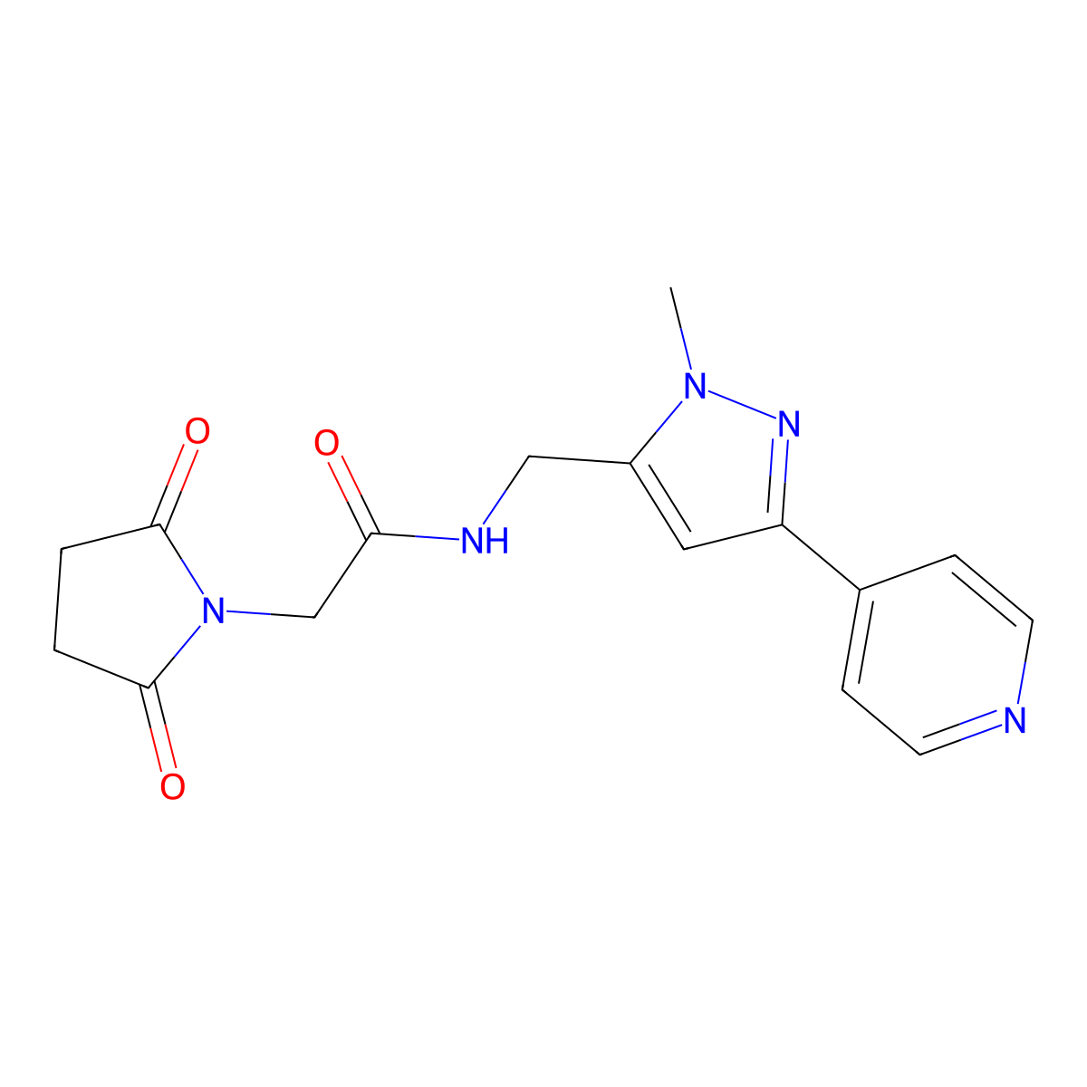 2-(2,5-dioxopyrrolidin-1-yl)-N-{[1-methyl-3-(pyridin-4-yl)-1H-pyrazol-5-yl]methyl}acetamide molecular structure, CAS 2310126-12-4