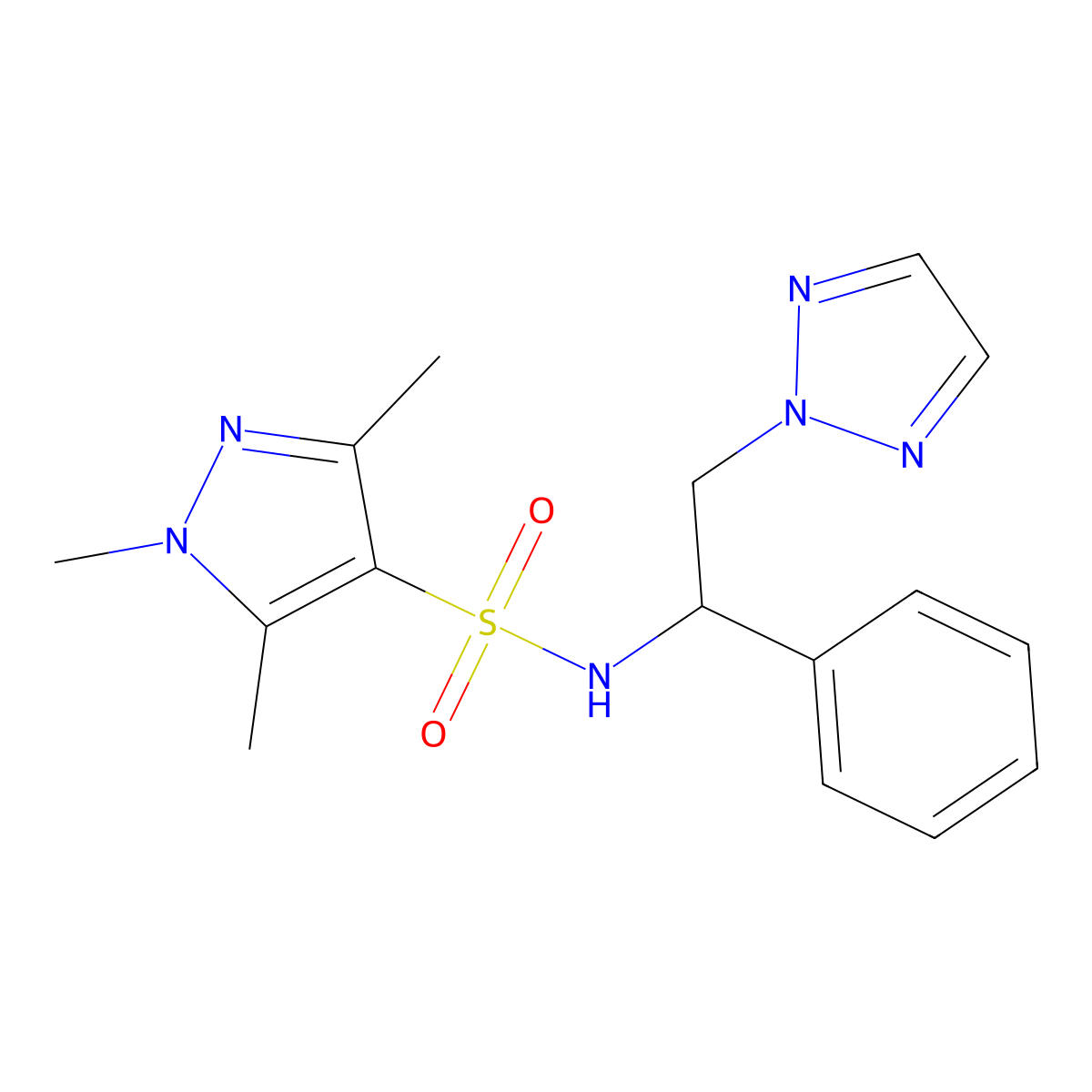 1,3,5-trimethyl-N-(1-phenyl-2-(2H-1,2,3-triazol-2-yl)ethyl)-1H-pyrazole-4-sulfonamide molecular structure, CAS 2310127-27-4