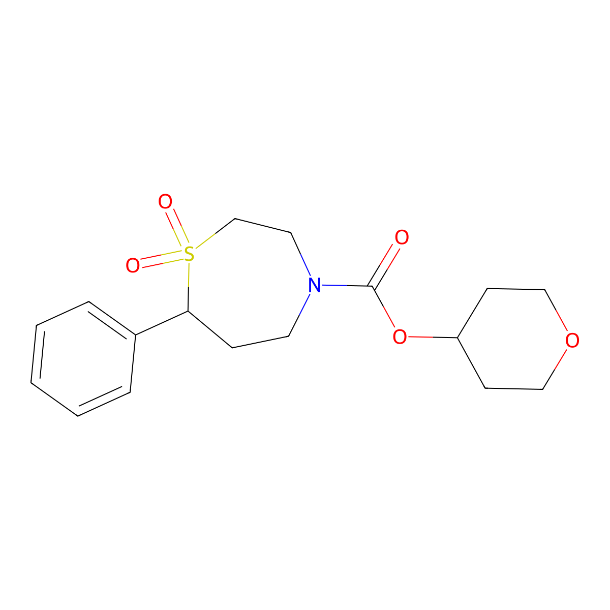 Oxan-4-yl 1,1-dioxo-7-phenyl-1lambda6,4-thiazepane-4-carboxylate molecular structure, CAS 2310140-71-5
