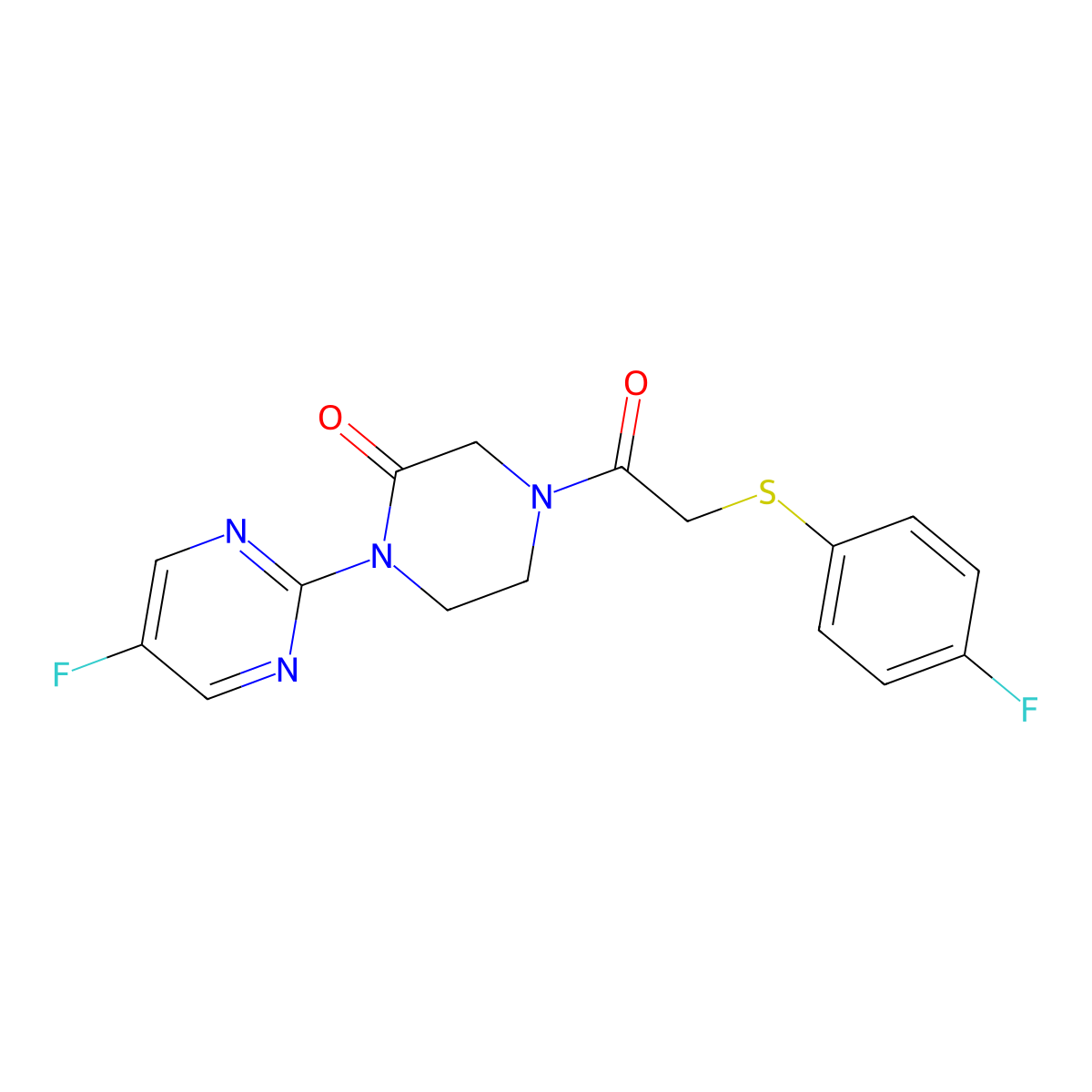 4-{2-[(4-Fluorophenyl)sulfanyl]acetyl}-1-(5-fluoropyrimidin-2-yl)piperazin-2-one molecular structure, CAS 2310140-79-3