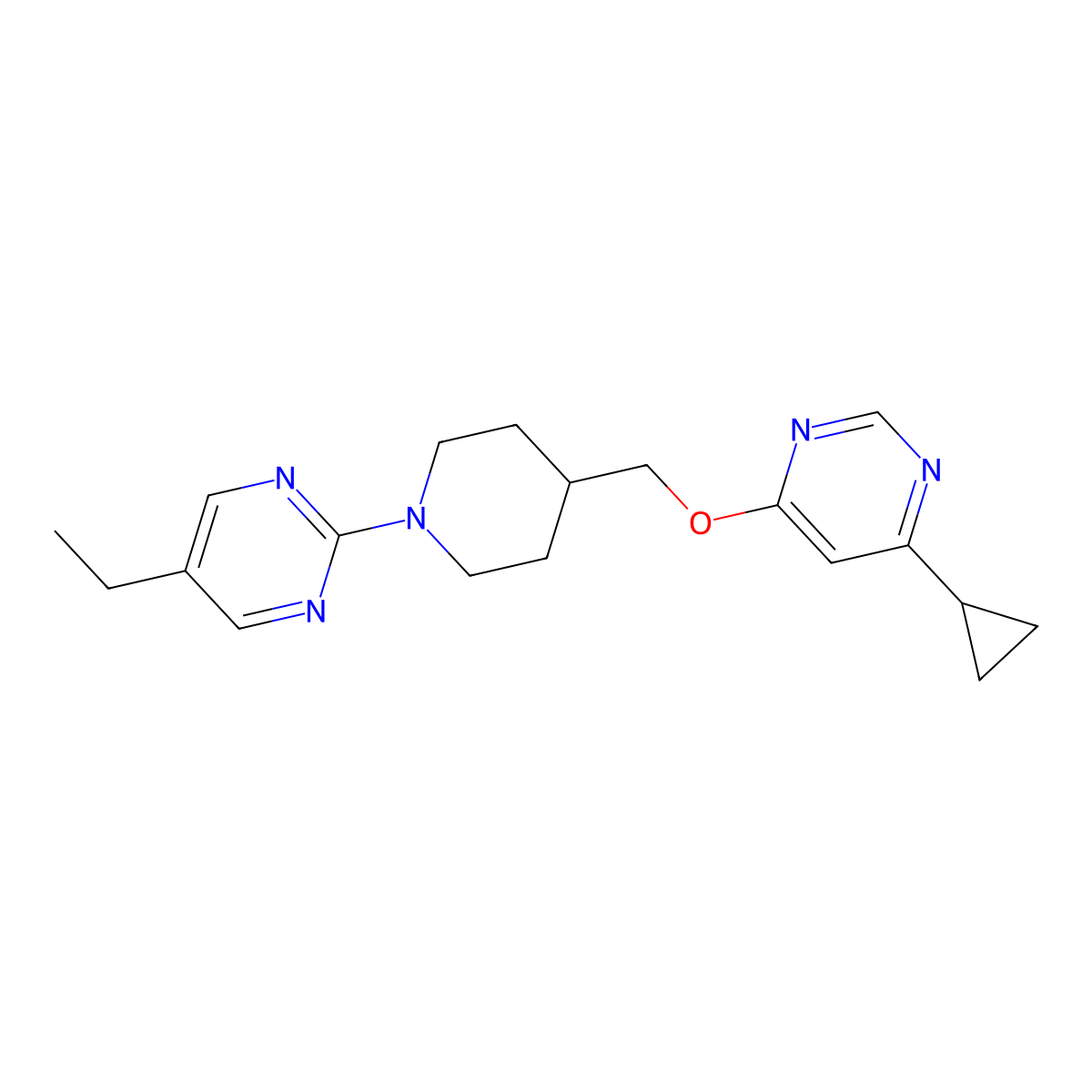 2-(4-{[(6-Cyclopropylpyrimidin-4-yl)oxy]methyl}piperidin-1-yl)-5-ethylpyrimidine molecular structure, CAS 2310140-80-6