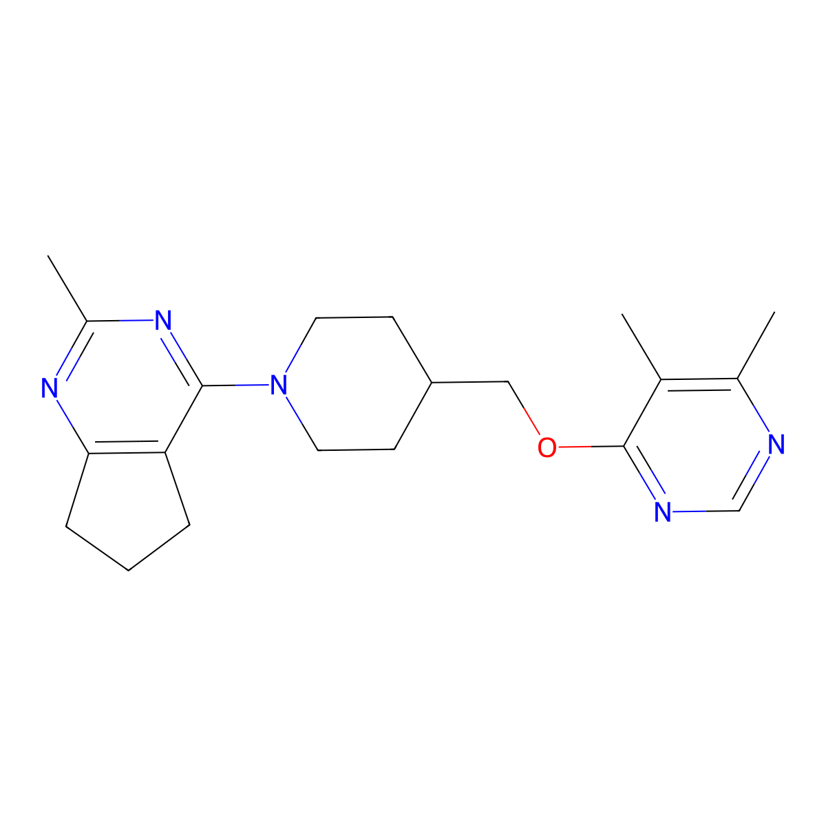 4,5-dimethyl-6-[(1-{2-methyl-5H,6H,7H-cyclopenta[d]pyrimidin-4-yl}piperidin-4-yl)methoxy]pyrimidine molecular structure, CAS 2310140-85-1