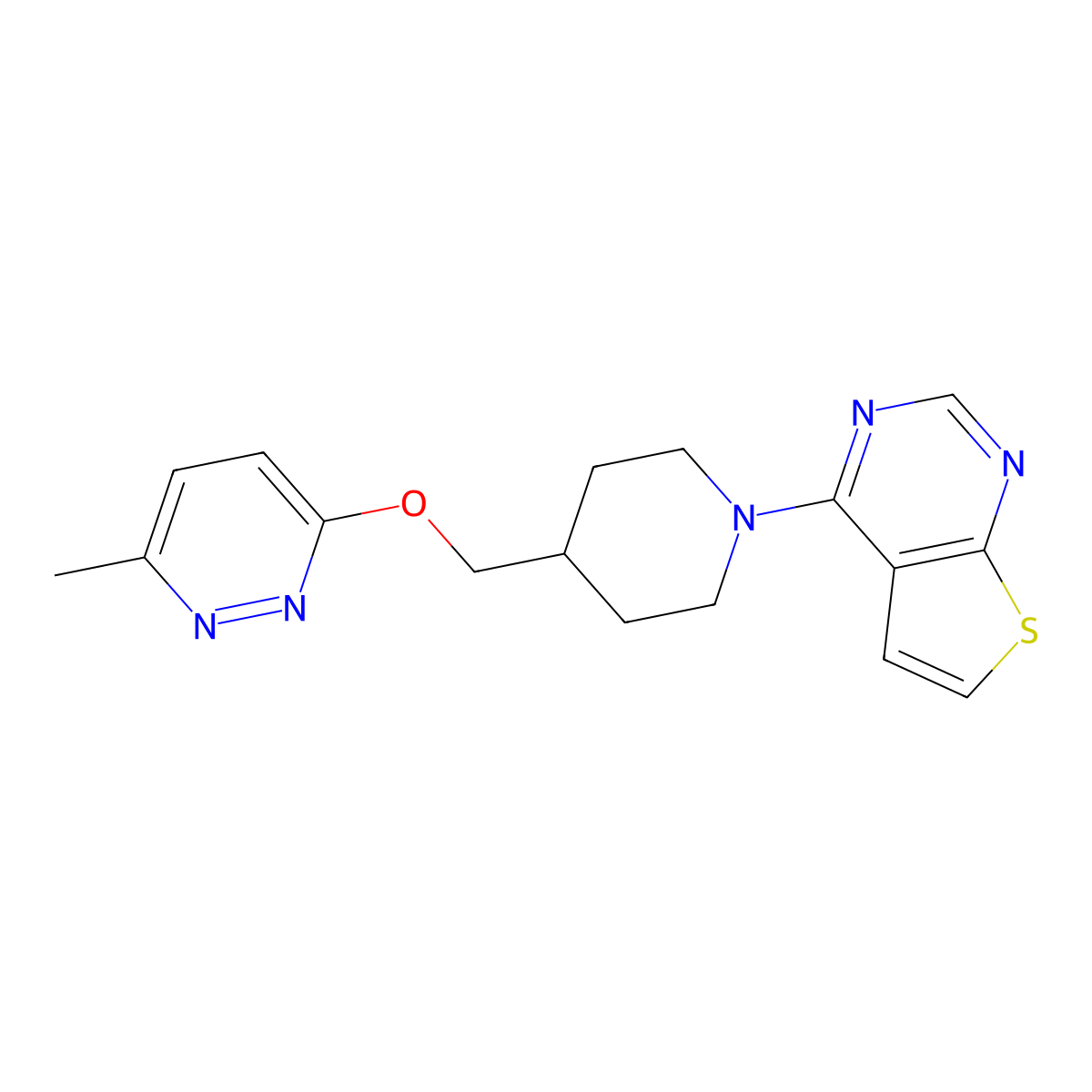 3-Methyl-6-[(1-{thieno[2,3-d]pyrimidin-4-yl}piperidin-4-yl)methoxy]pyridazine molecular structure, CAS 2310141-18-3