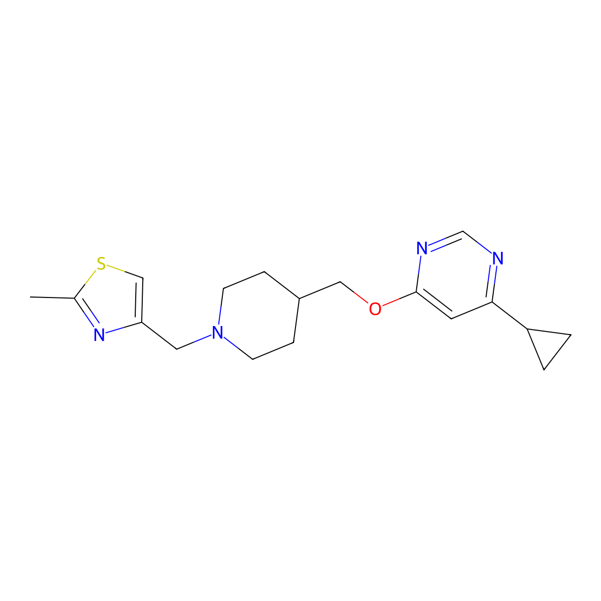 4-Cyclopropyl-6-({1-[(2-methyl-1,3-thiazol-4-yl)methyl]piperidin-4-yl}methoxy)pyrimidine molecular structure, CAS 2310141-27-4