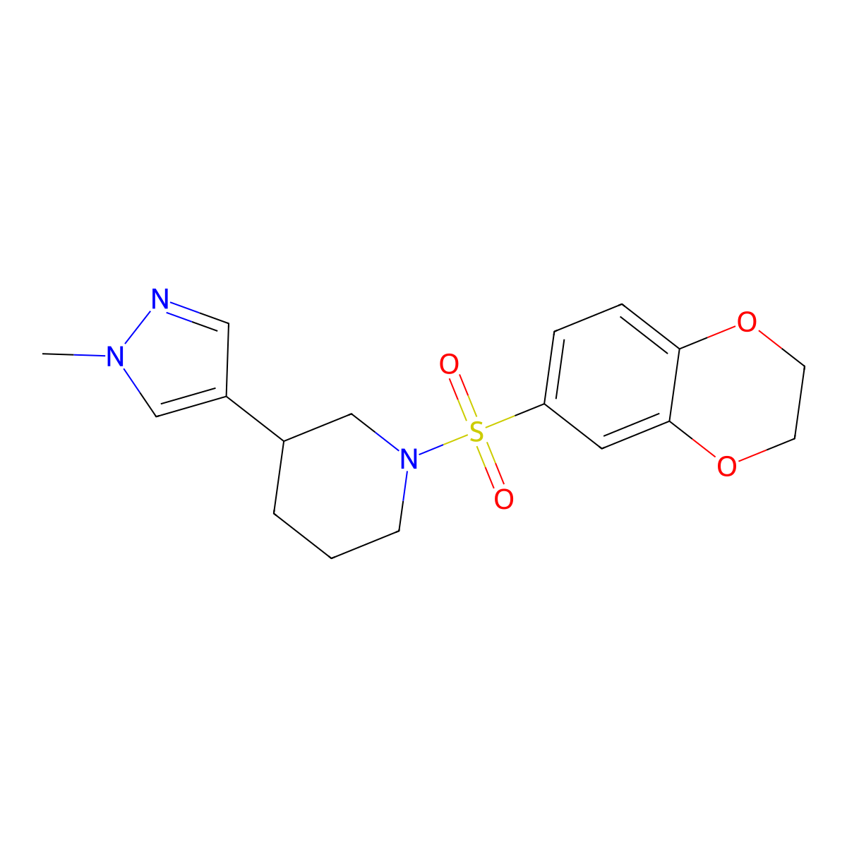 1-(2,3-dihydro-1,4-benzodioxine-6-sulfonyl)-3-(1-methyl-1H-pyrazol-4-yl)piperidine molecular structure, CAS 2310141-34-3