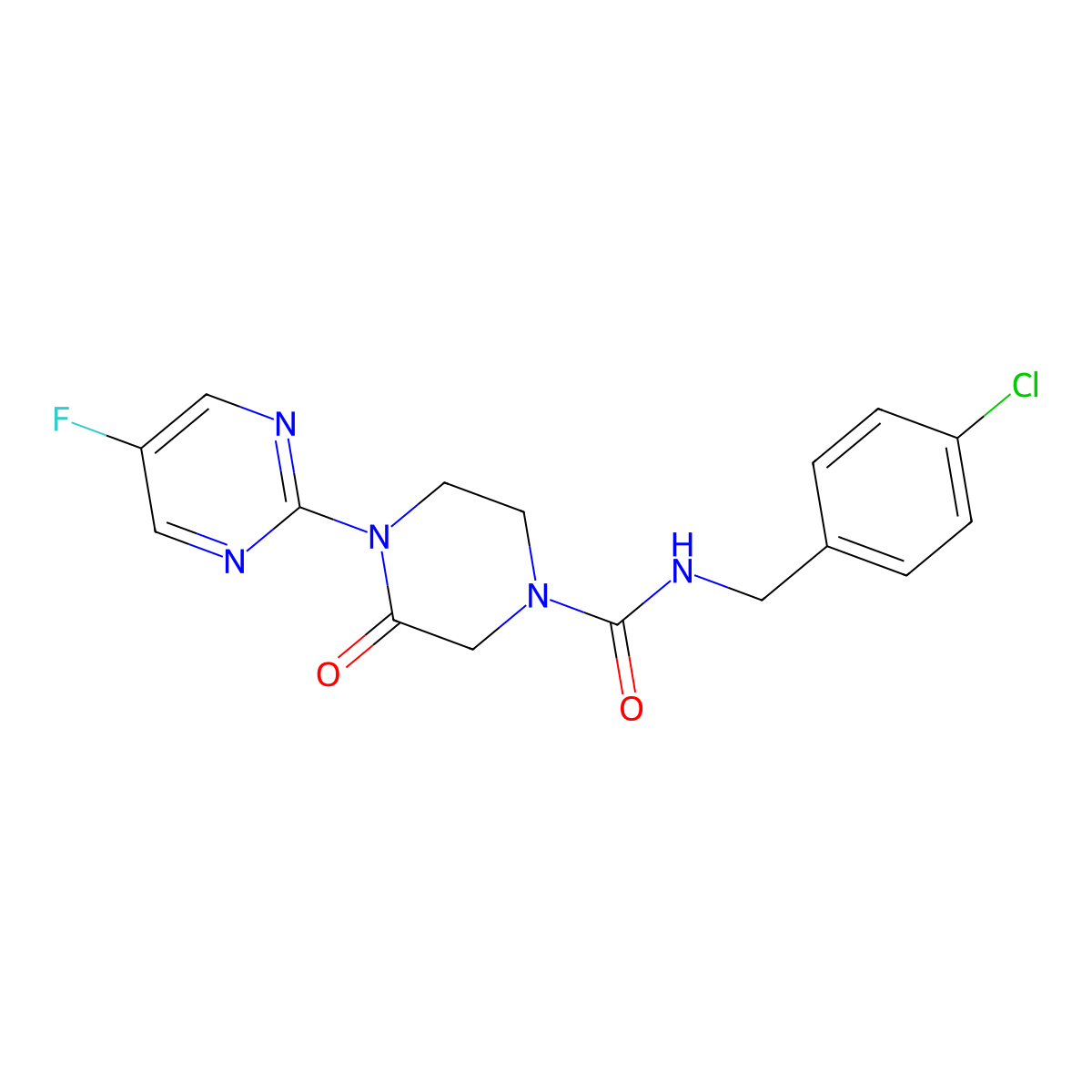 N-[(4-Chlorophenyl)methyl]-4-(5-fluoropyrimidin-2-yl)-3-oxopiperazine-1-carboxamide molecular structure, CAS 2310141-44-5