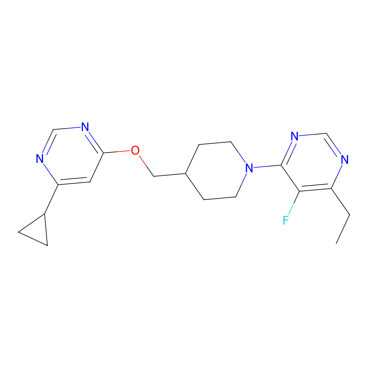 4-(4-{[(6-Cyclopropylpyrimidin-4-yl)oxy]methyl}piperidin-1-yl)-6-ethyl-5-fluoropyrimidine molecular structure, CAS 2310141-55-8